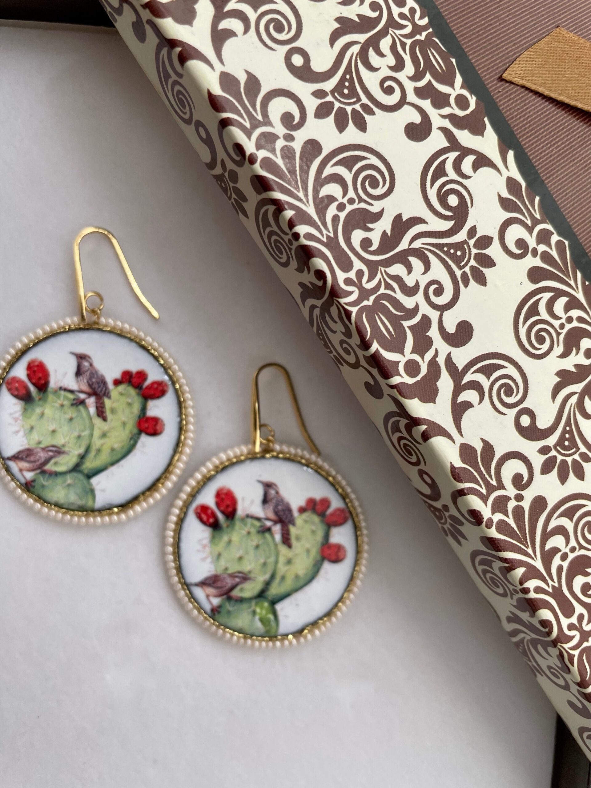 Orecchini siciliani argento sterling 925 e grande mattonella di ceramica di caltagirone Fichi d'India e cactus