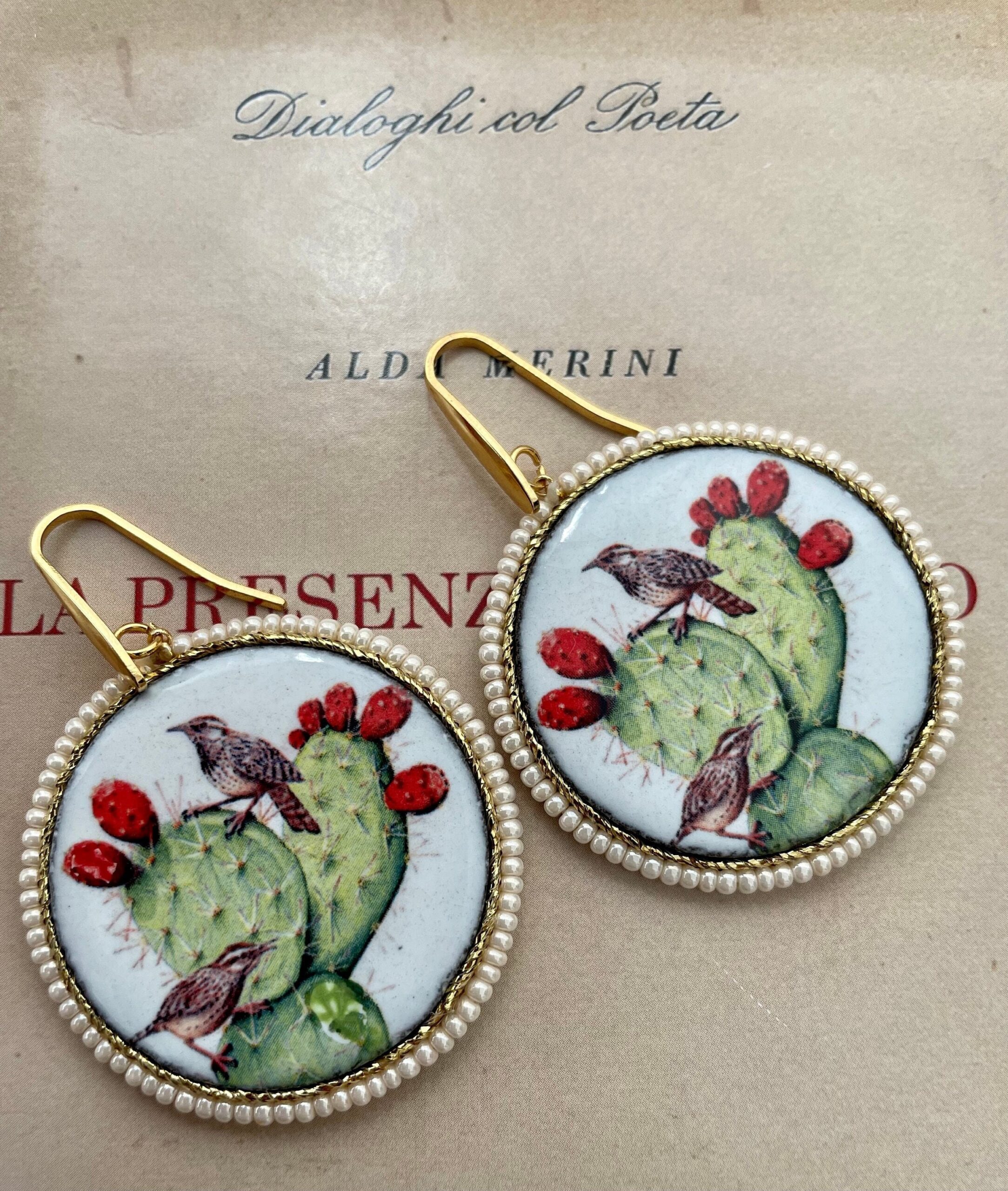 Orecchini siciliani argento sterling 925 e grande mattonella di ceramica di caltagirone Fichi d'India e cactus