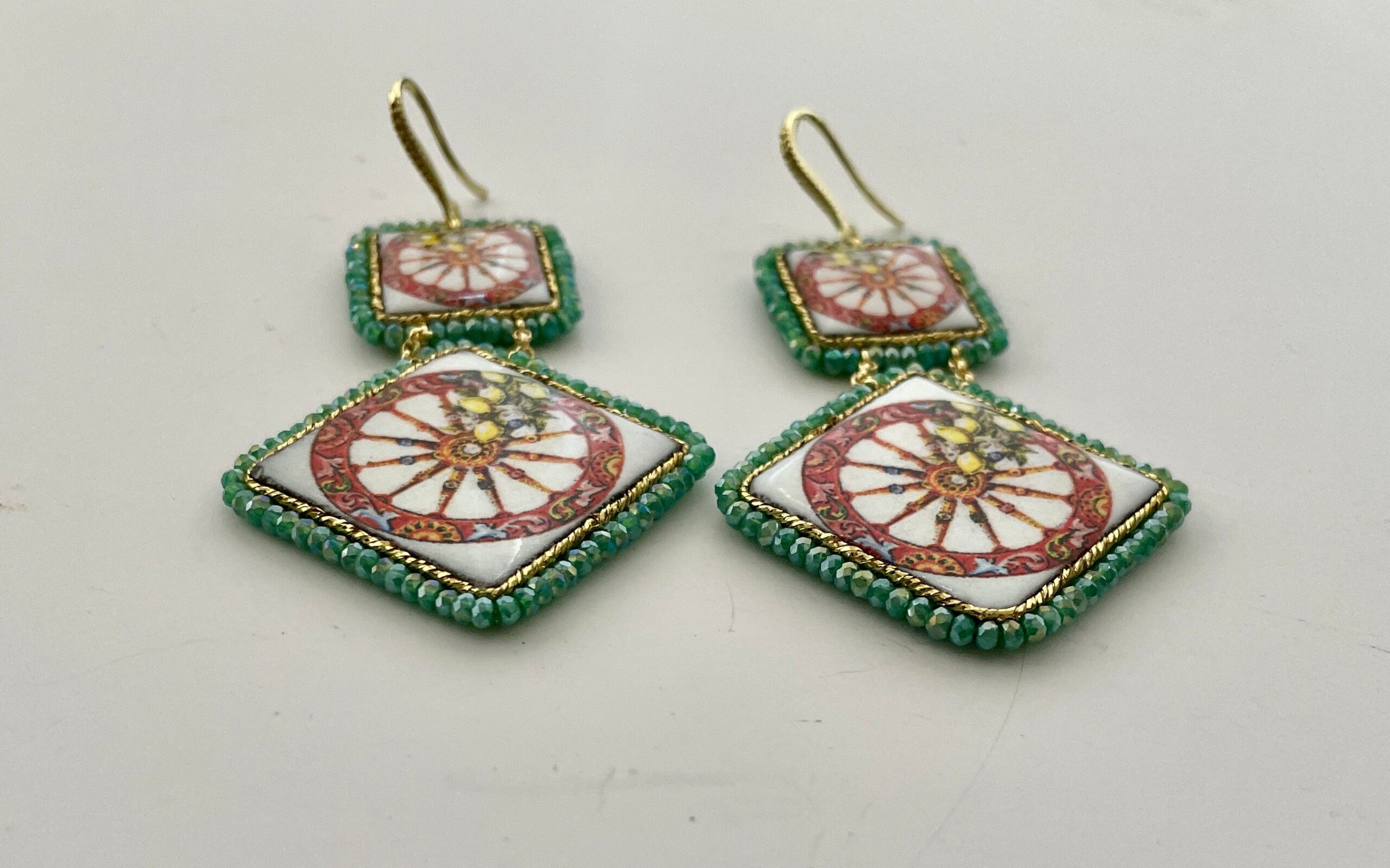 Orecchini siciliani, orecchini Caltagirone, orecchini con Ruota carretto, maiolica siciliana, orecchini mattonelle, argento 925 Folklore siciliano