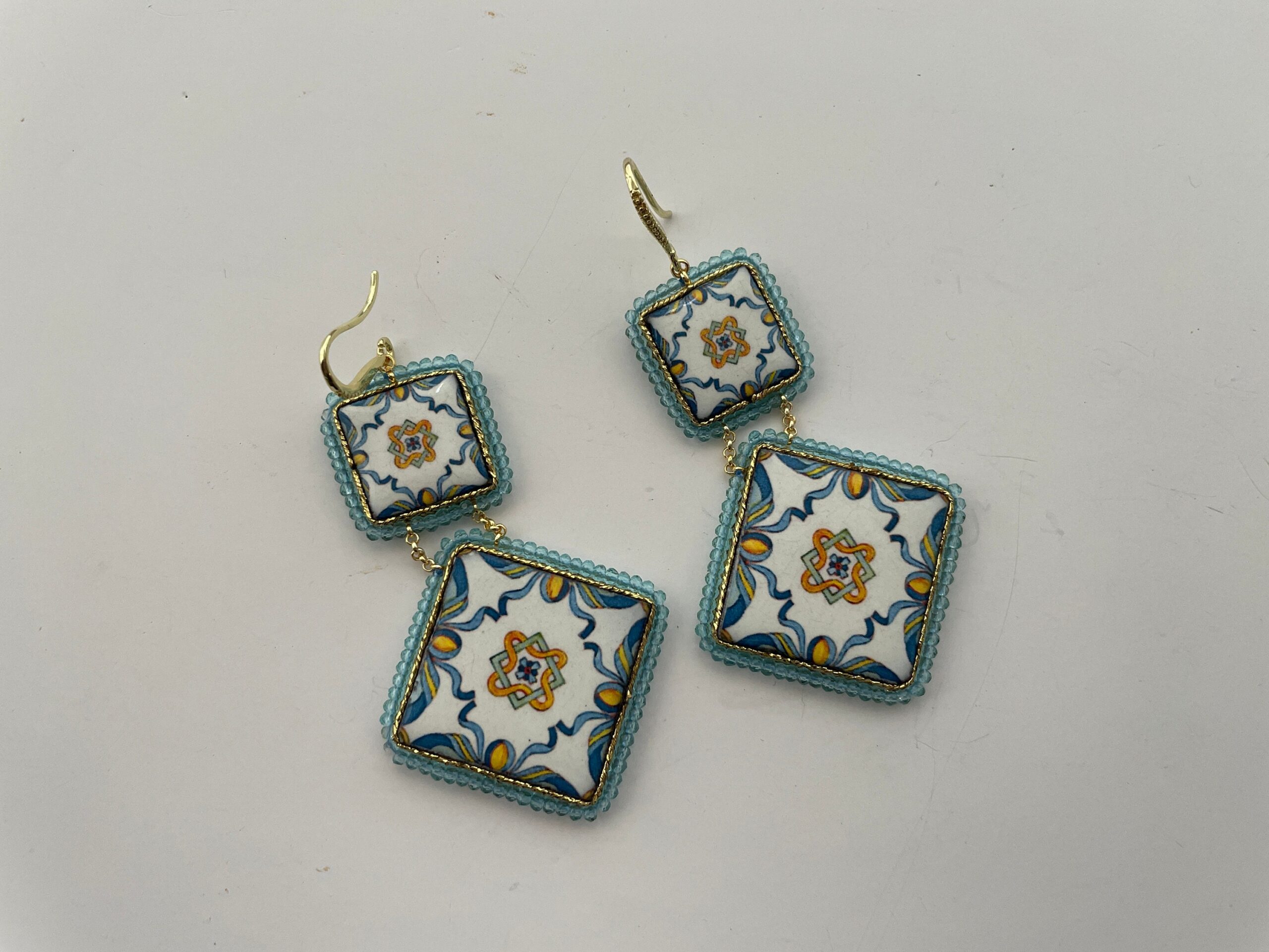 Orecchini Caltagirone, Orecchini siciliani, orecchini maiolica siciliana, orecchini pendenti, orecchini con mattonelle, argento 925 Orecchini con Mattonelle Caltagirone