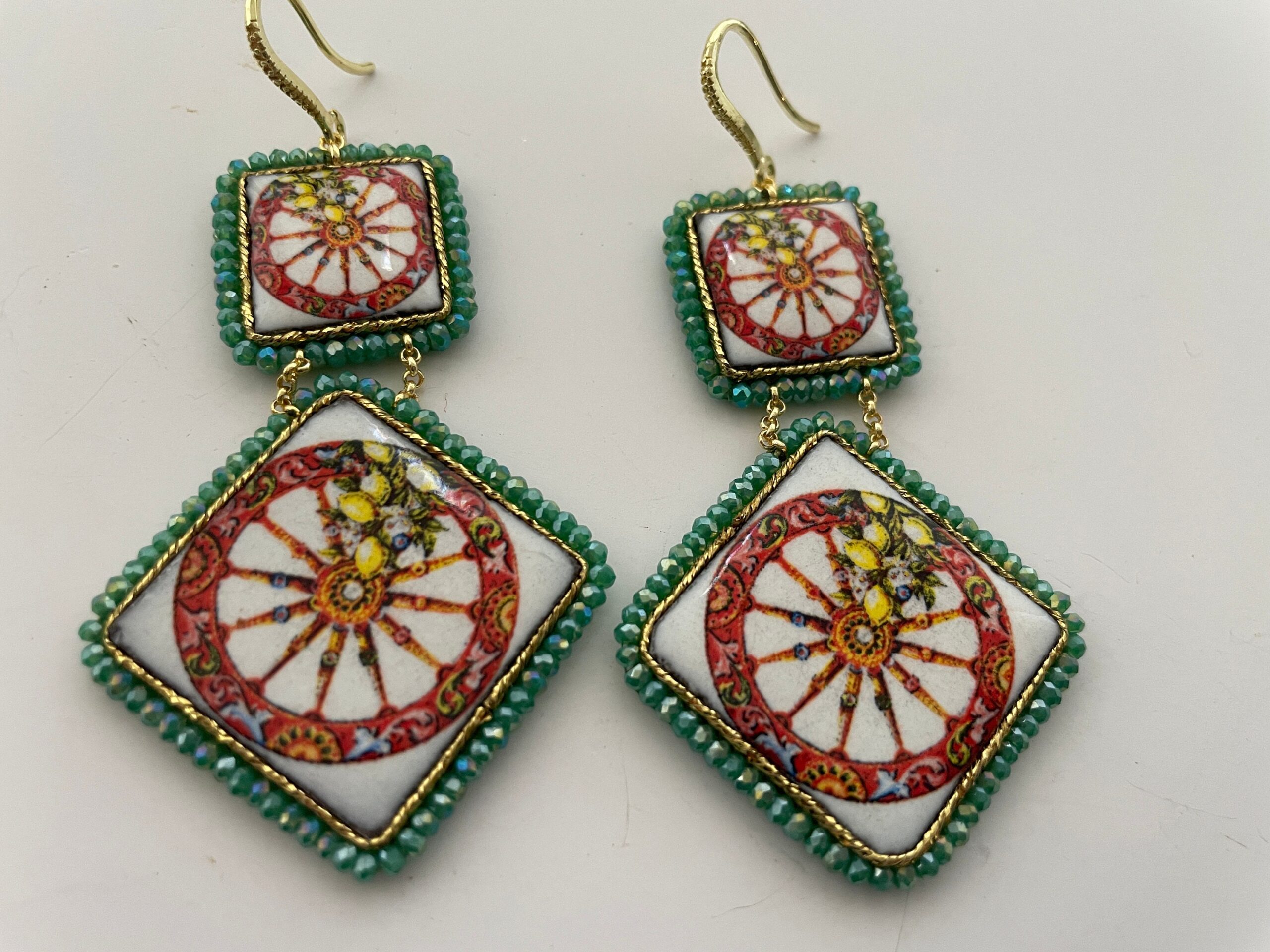 Orecchini siciliani, orecchini Caltagirone, orecchini con Ruota carretto, maiolica siciliana, orecchini mattonelle, argento 925 Folklore siciliano