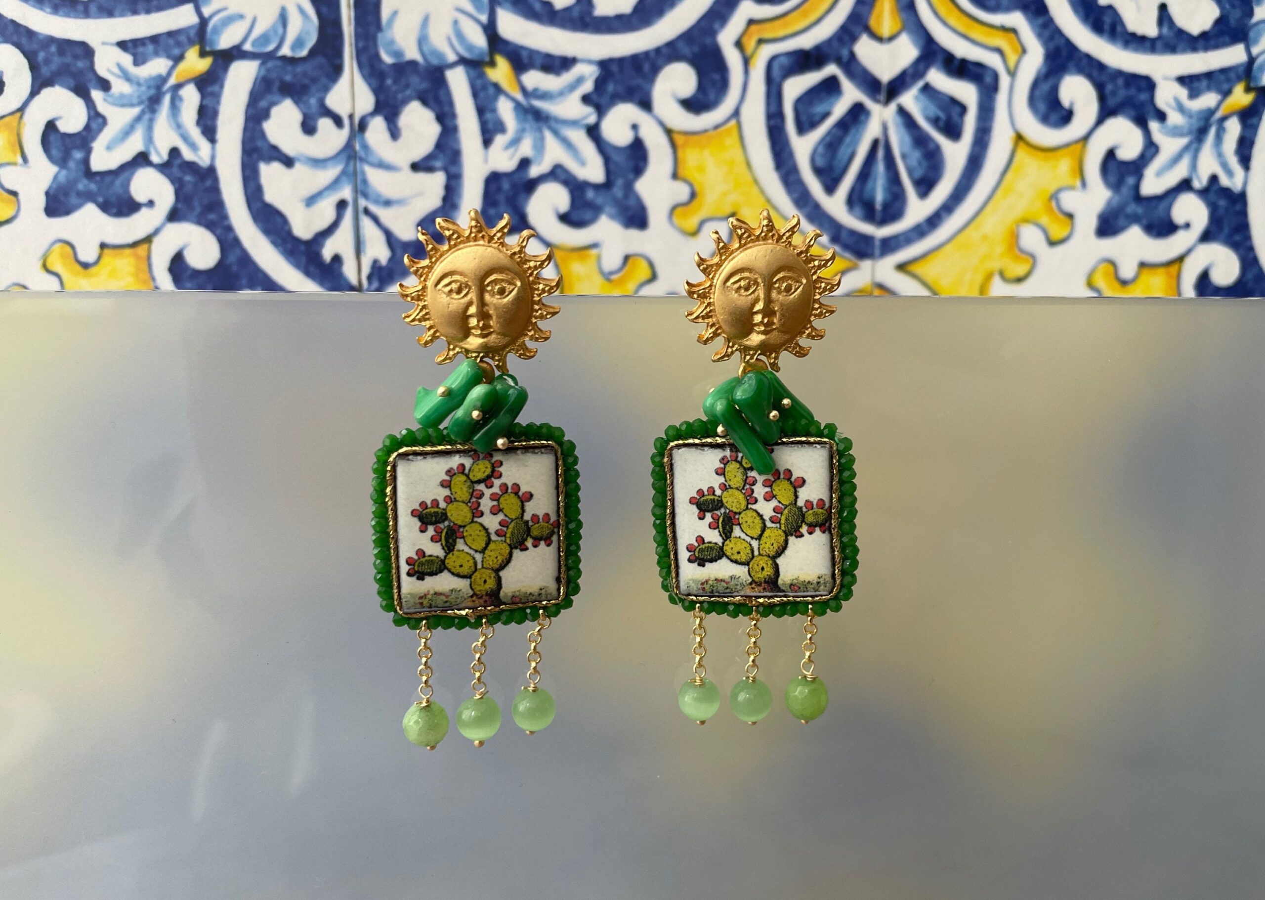 Orecchini pendenti, mattonella ceramica di caltagirone, perno sole Orecchini con Mattonelle Caltagirone
