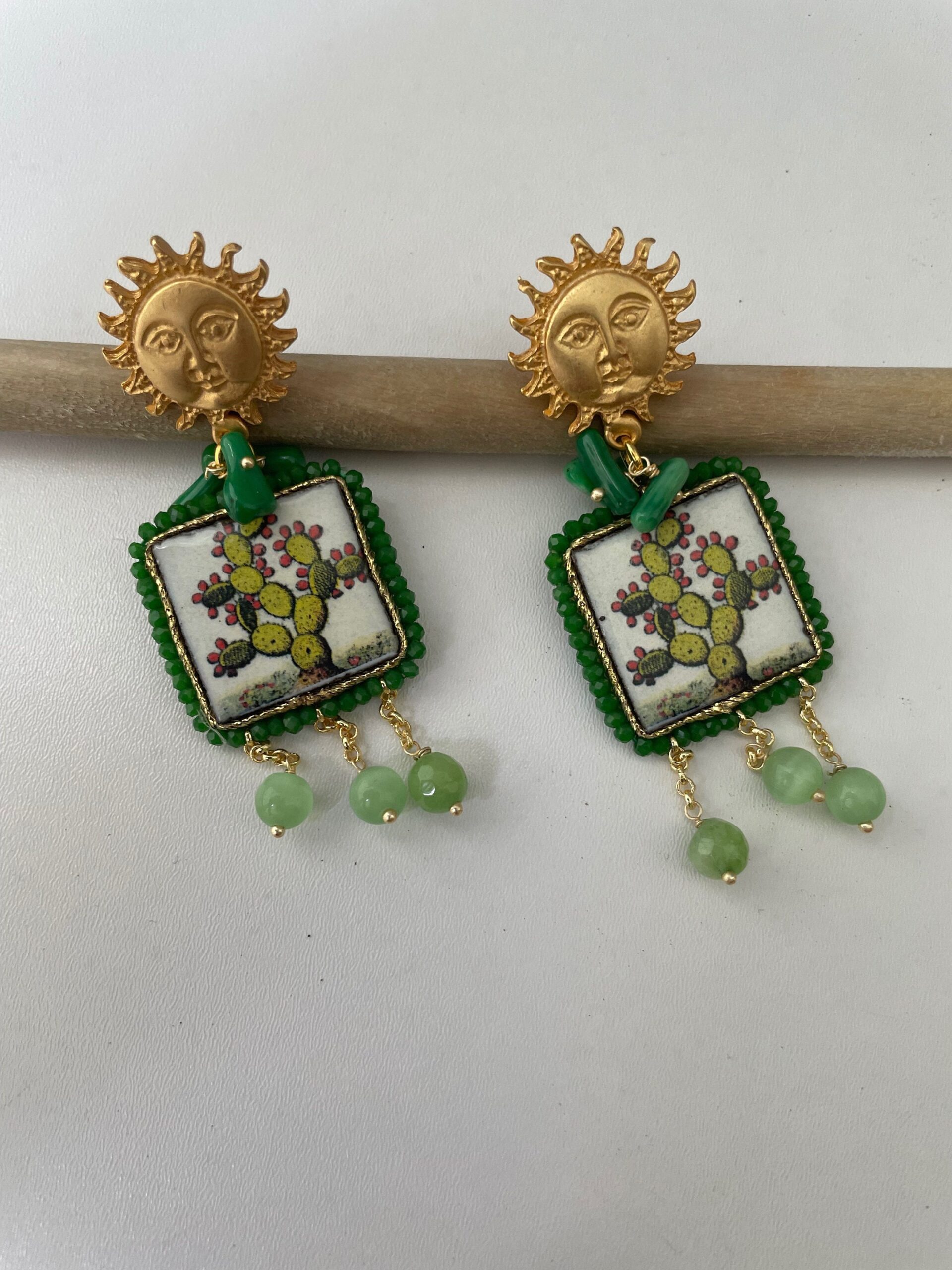 Orecchini pendenti, mattonella ceramica di caltagirone, perno sole Orecchini con Mattonelle Caltagirone
