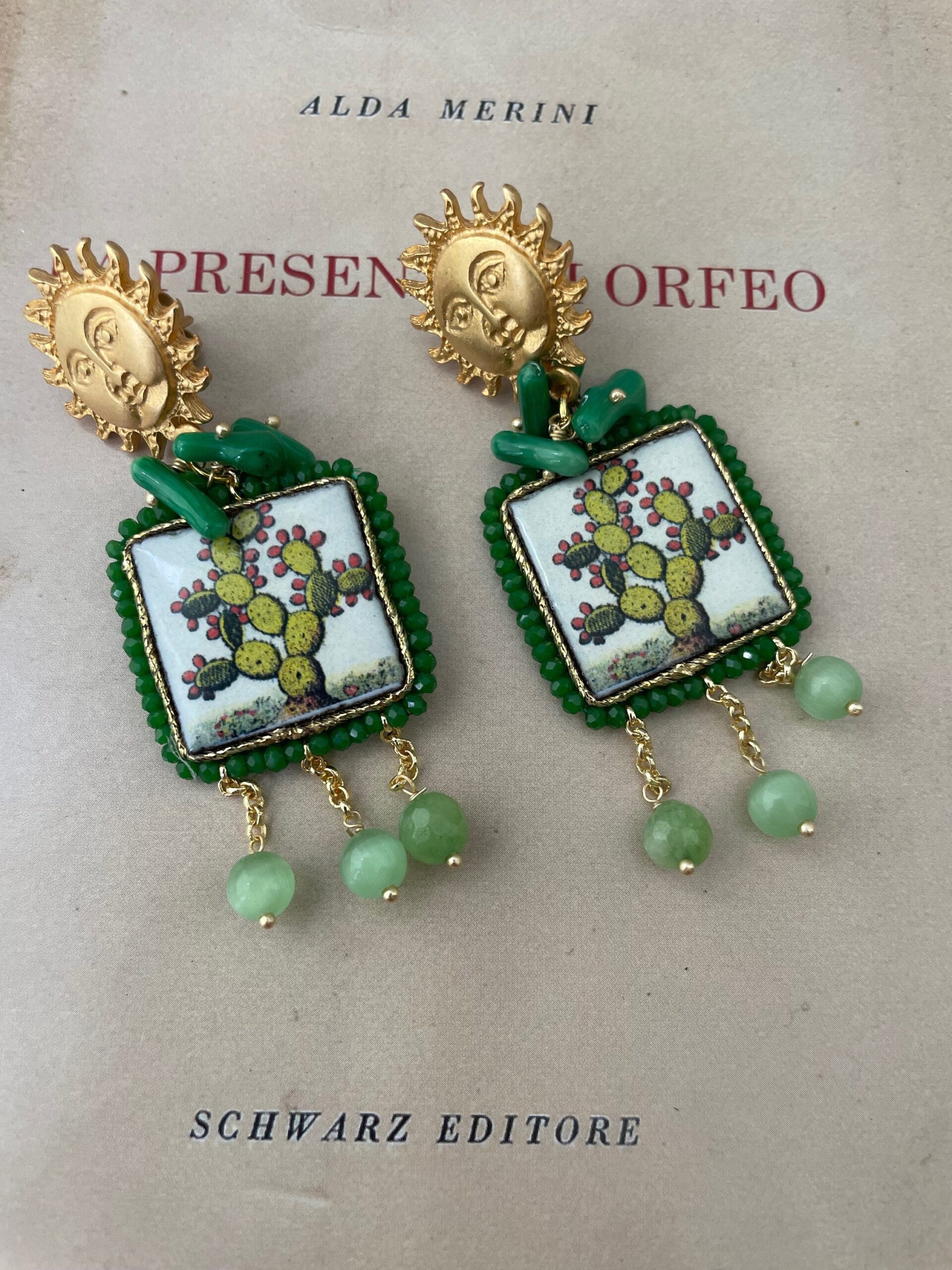Orecchini pendenti, mattonella ceramica di caltagirone, perno sole Orecchini con Mattonelle Caltagirone