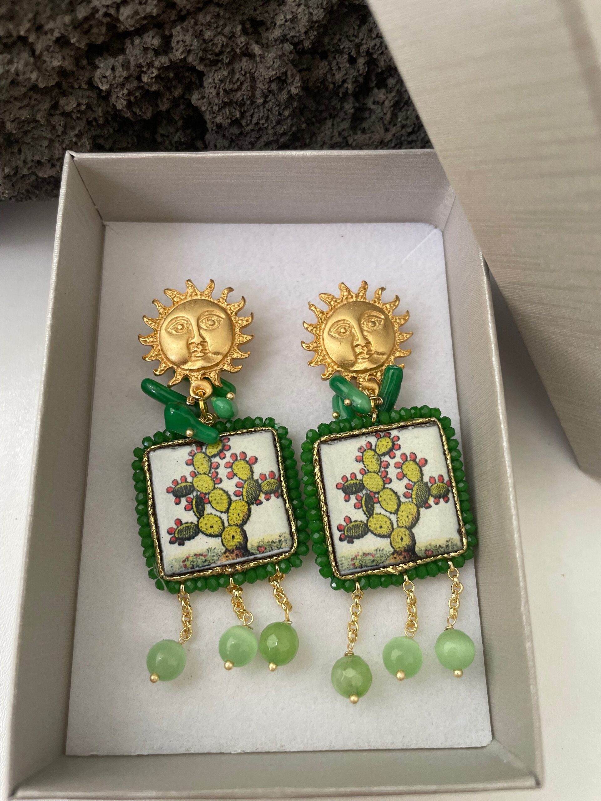 Orecchini pendenti, mattonella ceramica di caltagirone, perno sole Orecchini con Mattonelle Caltagirone