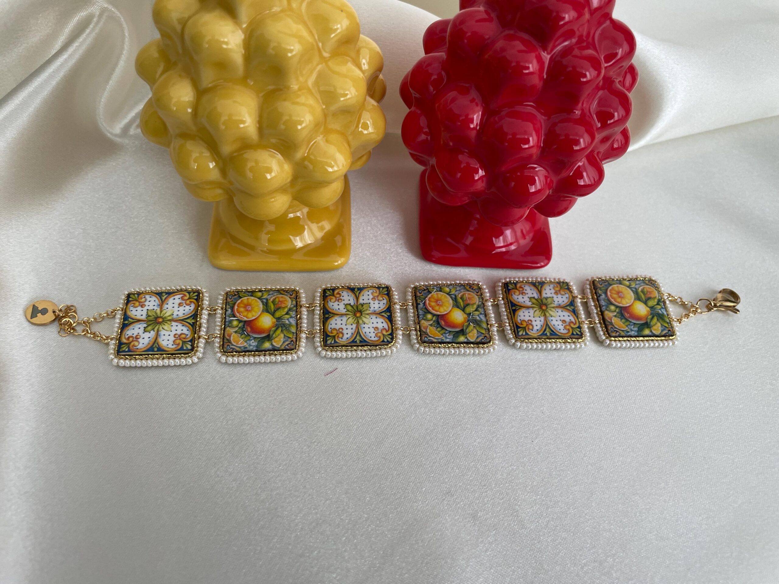 Bracciale con mattonelle, Bracciale siciliano con mattonelle ceramica di Caltagirone,  fantasia maiolica siciliana, varie fantasie. Bracciali con Mattonelle Caltagirone