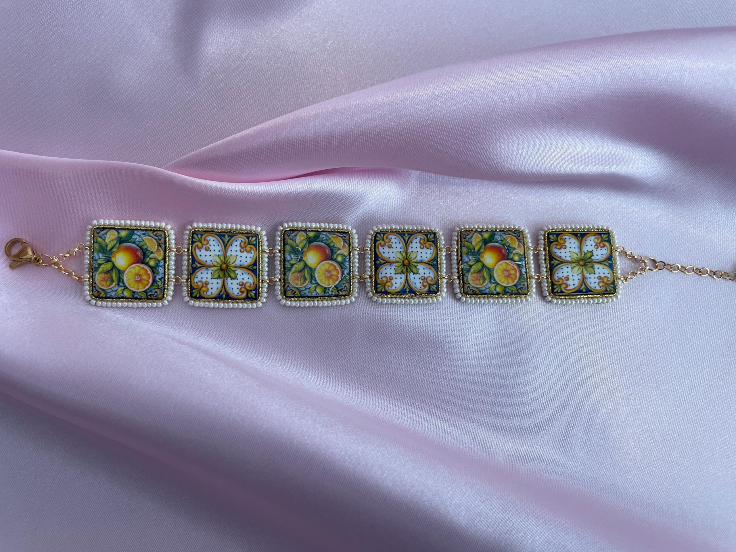 Bracciale con mattonelle, Bracciale siciliano con mattonelle ceramica di Caltagirone,  fantasia maiolica siciliana, varie fantasie. Bracciali con Mattonelle Caltagirone