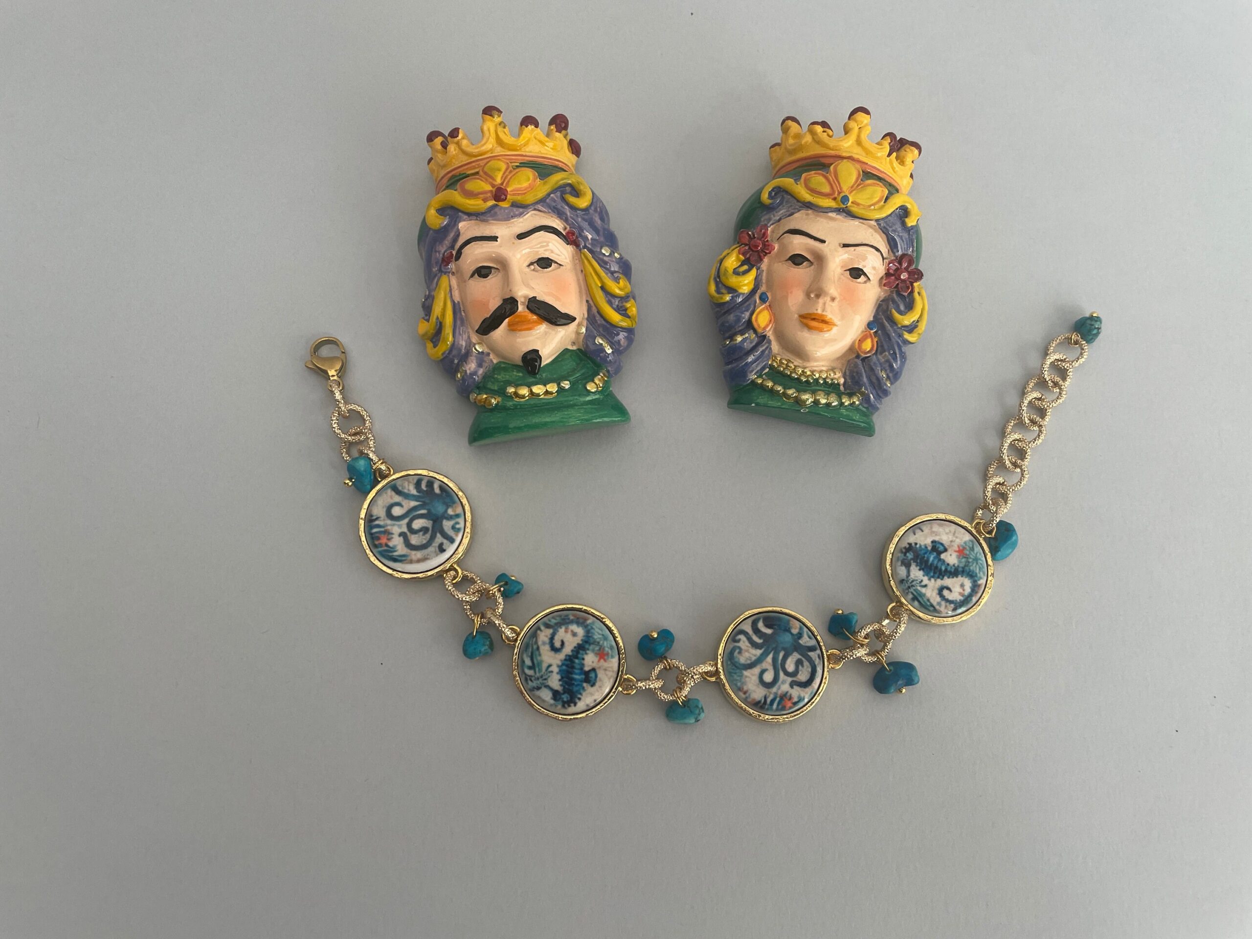 Bracciale mattonelle, Bracciale siciliano, mattonelle ceramica Caltagirone, Polipo e Cavalluccio marino, catena a maglie, regalo per lei. Bracciali con Mattonelle Caltagirone