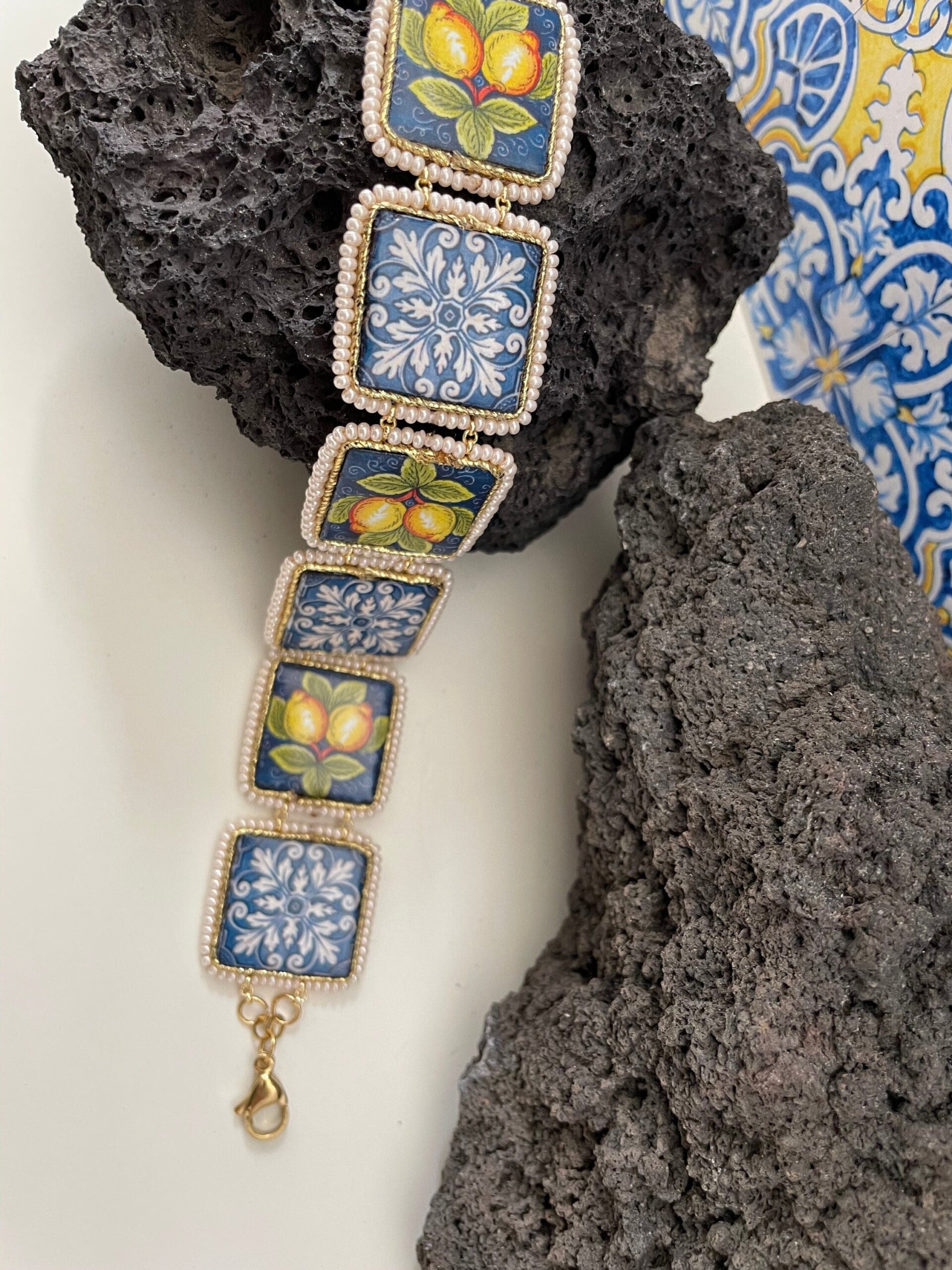 Bracciale mattonelle, Bracciale siciliano, con mattonelle ceramica di caltagirone,  fantasia maiolica siciliana, varie fantasie. Bracciali con Mattonelle Caltagirone