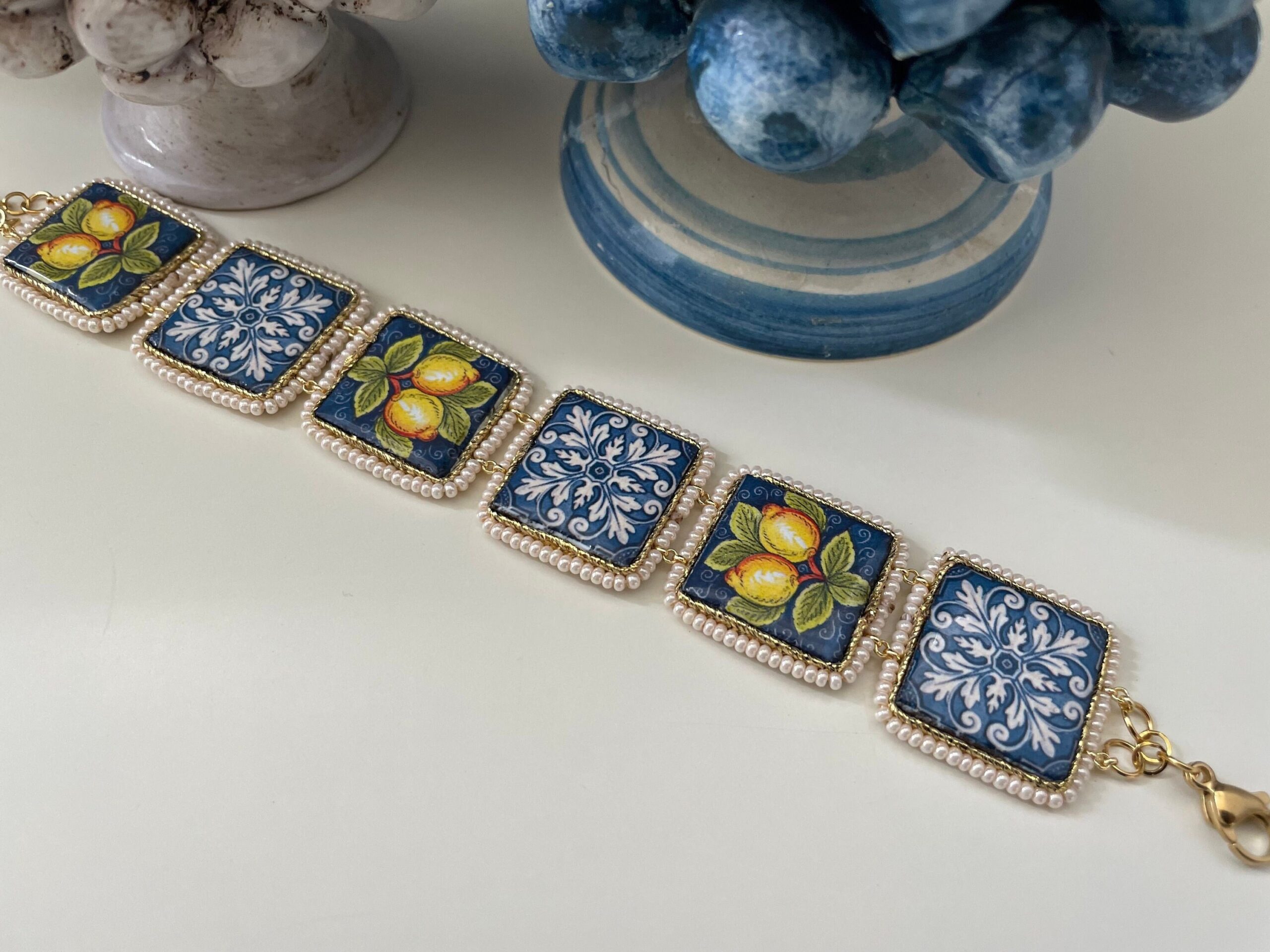Bracciale mattonelle, Bracciale siciliano, con mattonelle ceramica di caltagirone,  fantasia maiolica siciliana, varie fantasie. Bracciali con Mattonelle Caltagirone