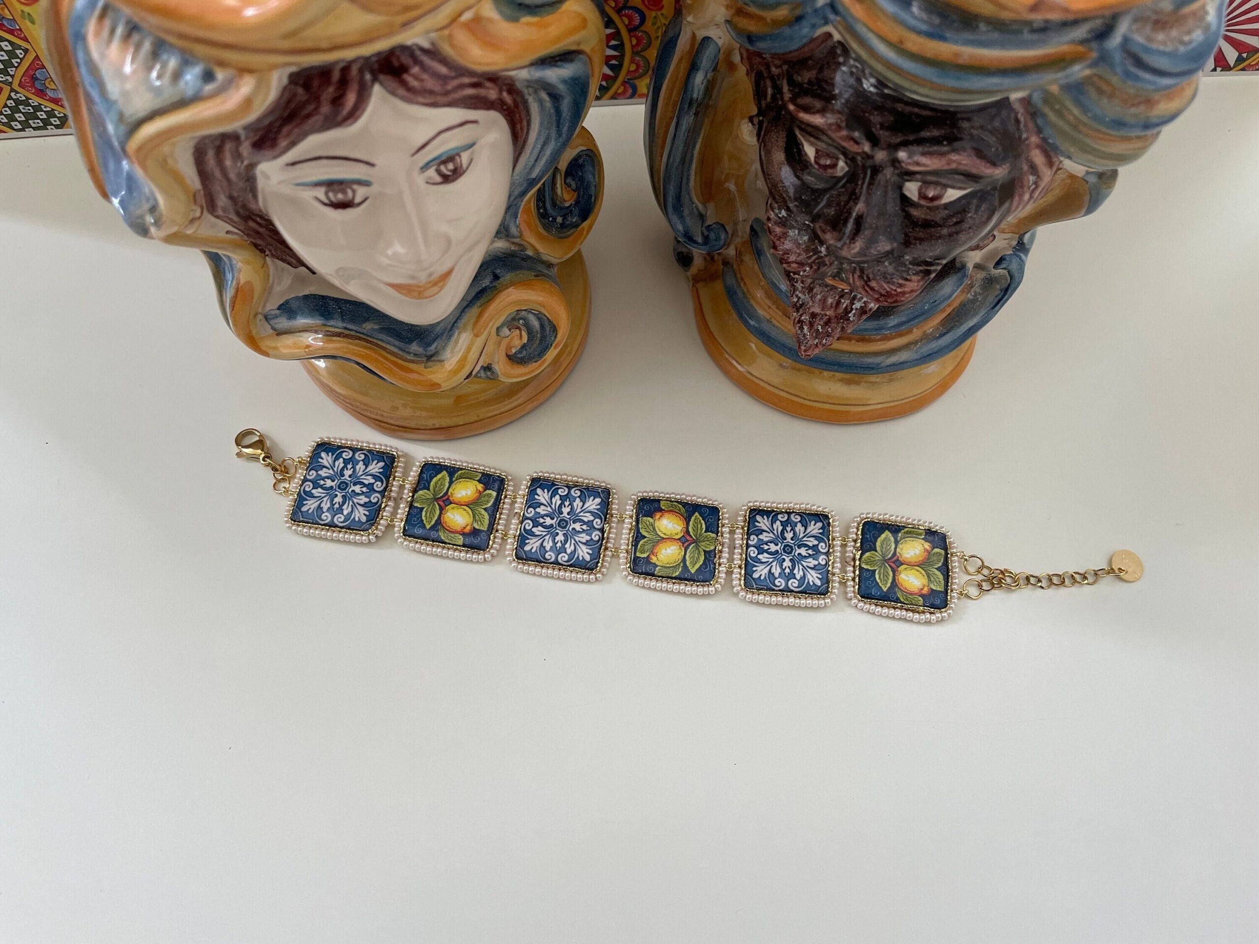 Bracciale mattonelle, Bracciale siciliano, con mattonelle ceramica di caltagirone,  fantasia maiolica siciliana, varie fantasie. Bracciali con Mattonelle Caltagirone