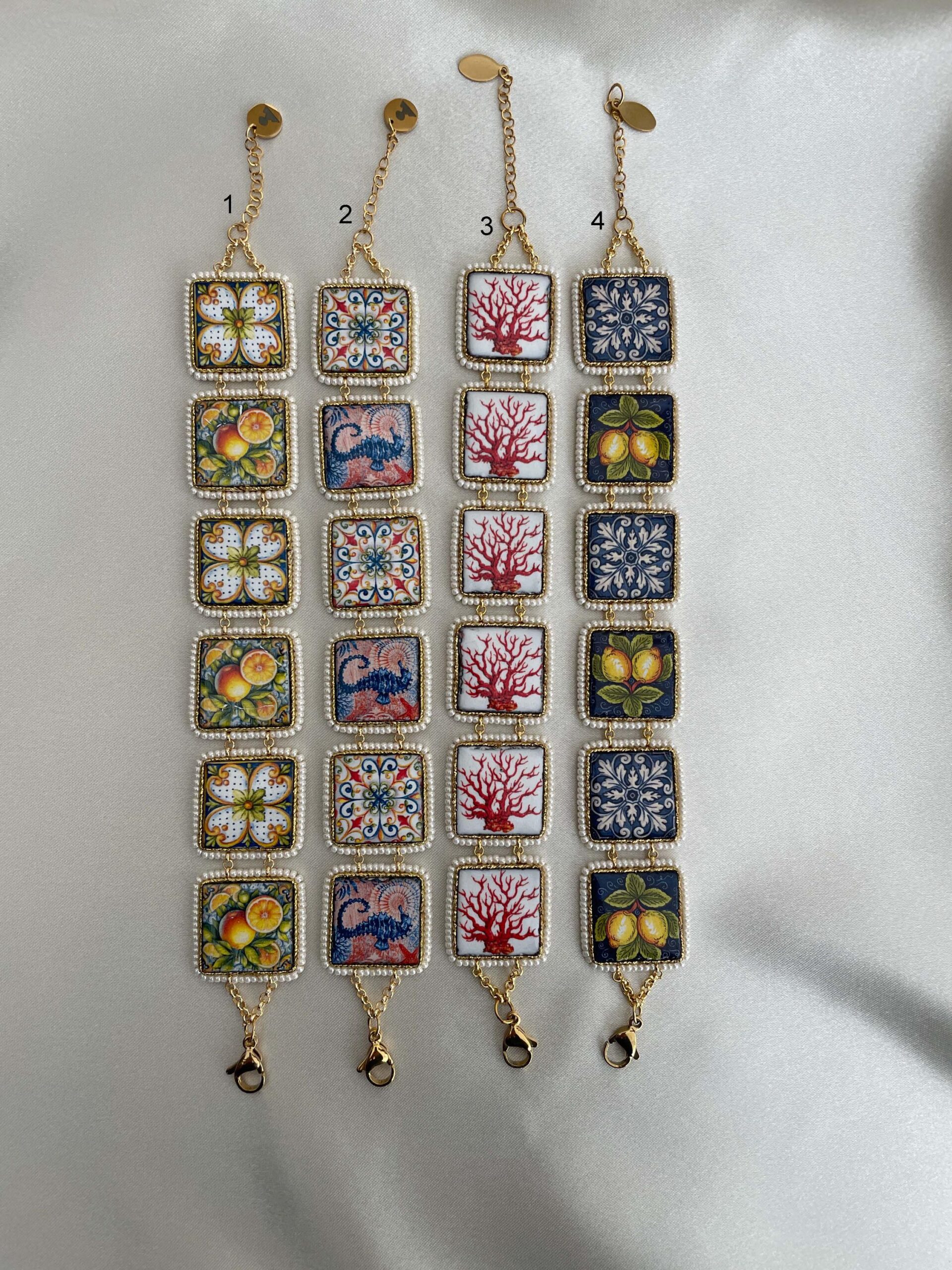 Bracciale mattonelle, Bracciale siciliano, con mattonelle ceramica di caltagirone,  fantasia maiolica siciliana, varie fantasie. Bracciali con Mattonelle Caltagirone
