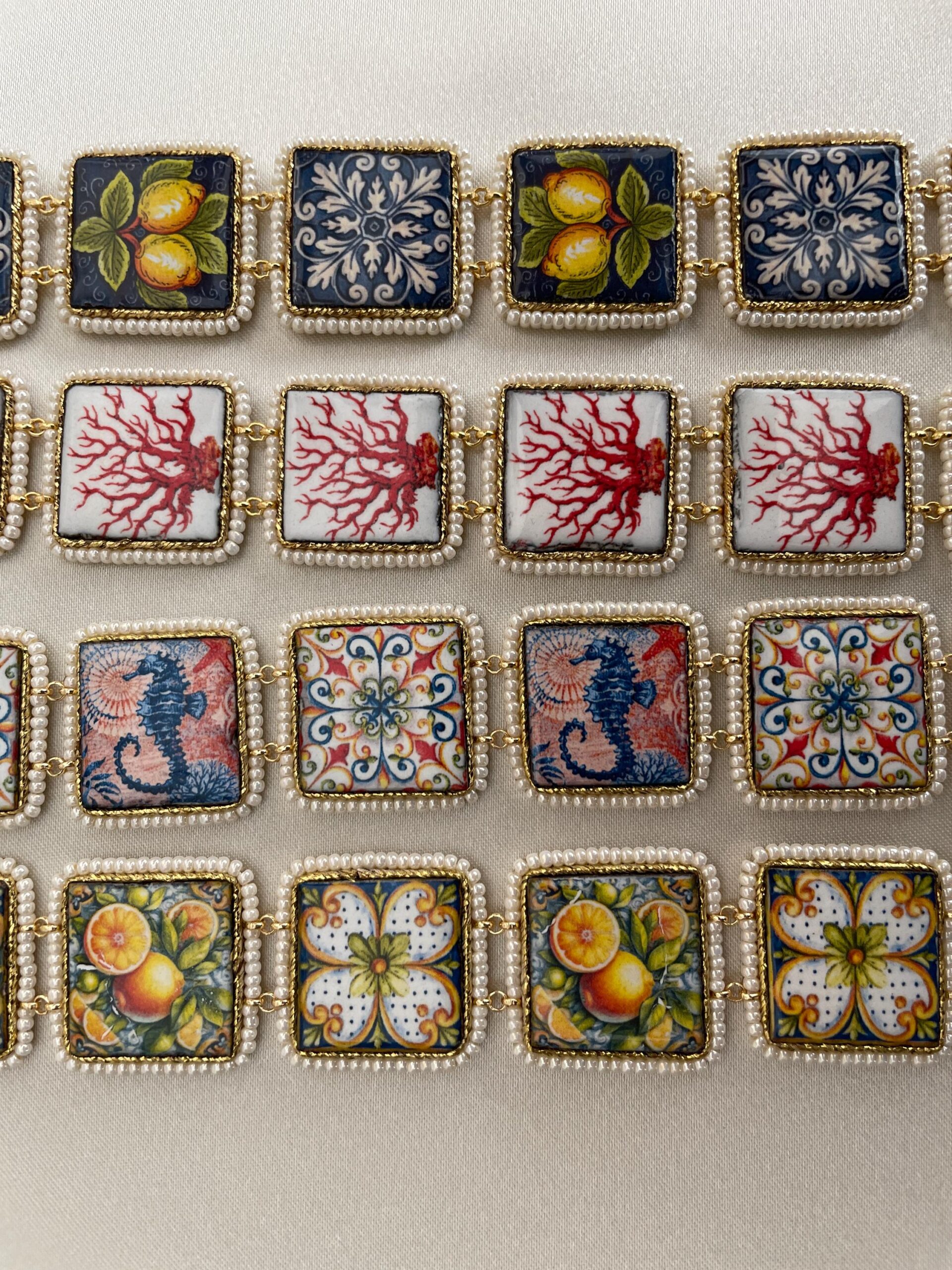 Bracciale mattonelle, Bracciale siciliano, con mattonelle ceramica di caltagirone,  fantasia maiolica siciliana, varie fantasie. Bracciali con Mattonelle Caltagirone