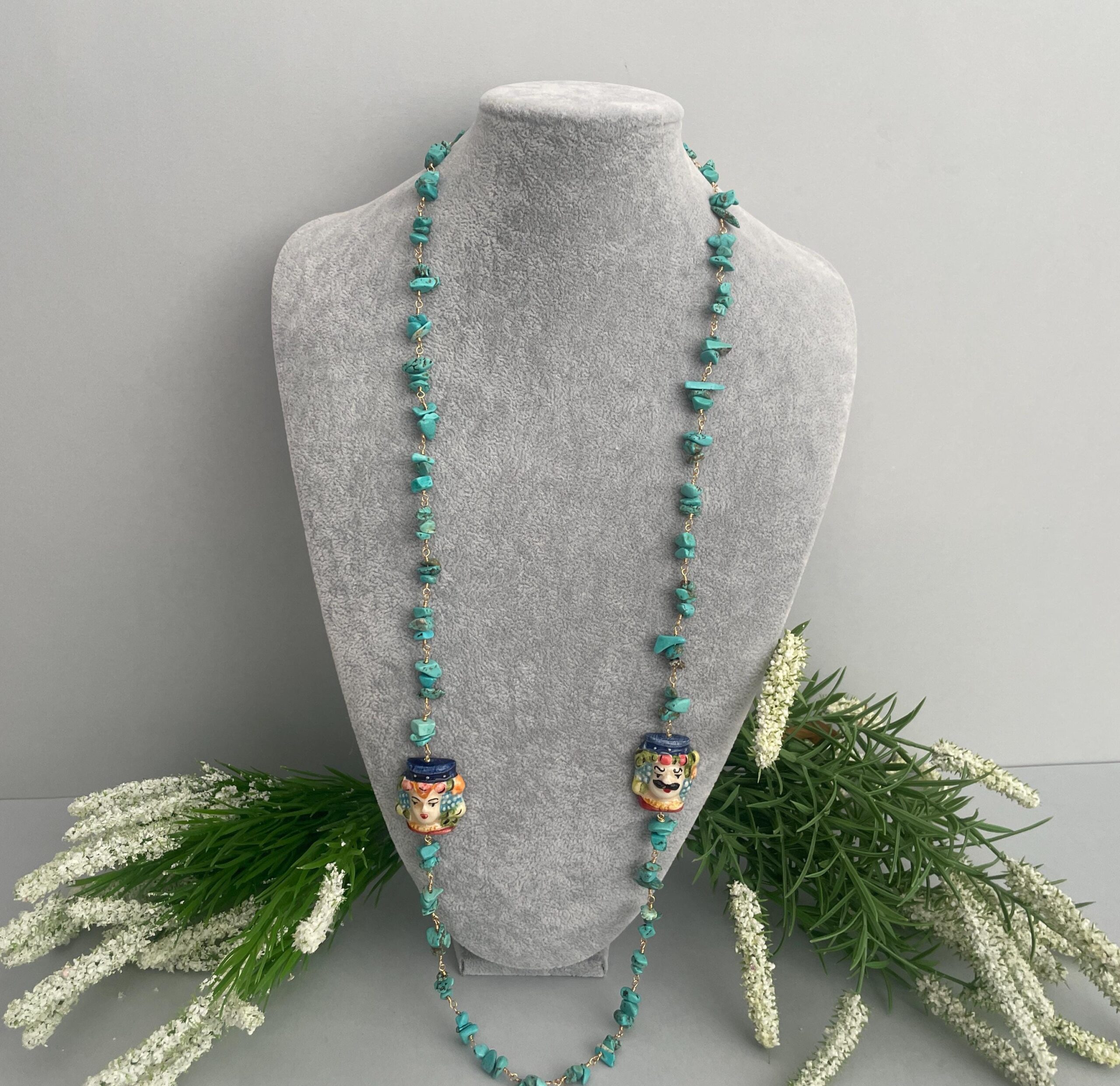 Collana siciliana, collana maxi, catena rosario turchese, Teste di mori di ceramica di Caltagirone, regalo per lei, collana unisex. Collane caratteristiche siciliane