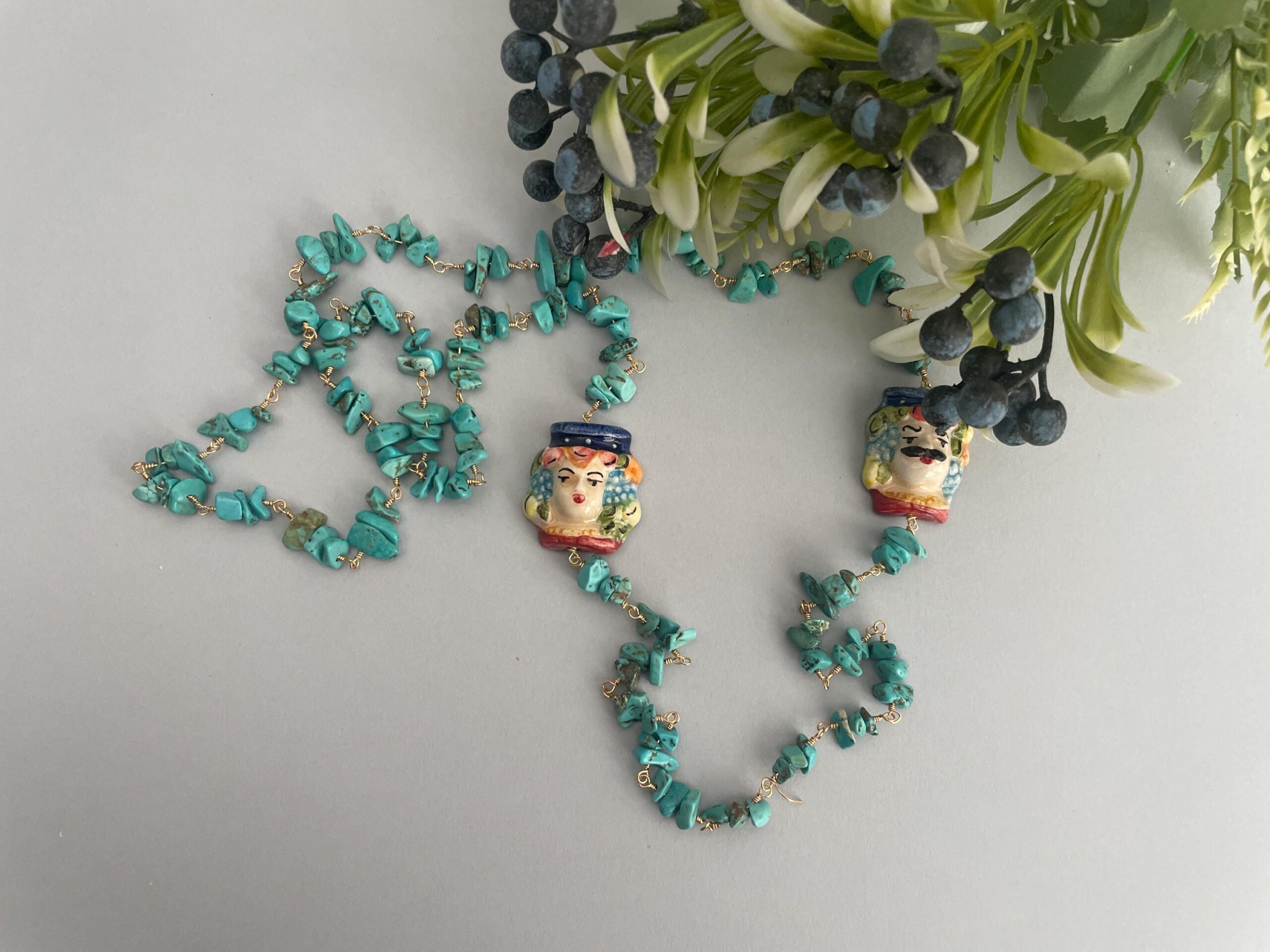Collana siciliana, collana maxi, catena rosario turchese, Teste di mori di ceramica di Caltagirone, regalo per lei, collana unisex. Collane caratteristiche siciliane