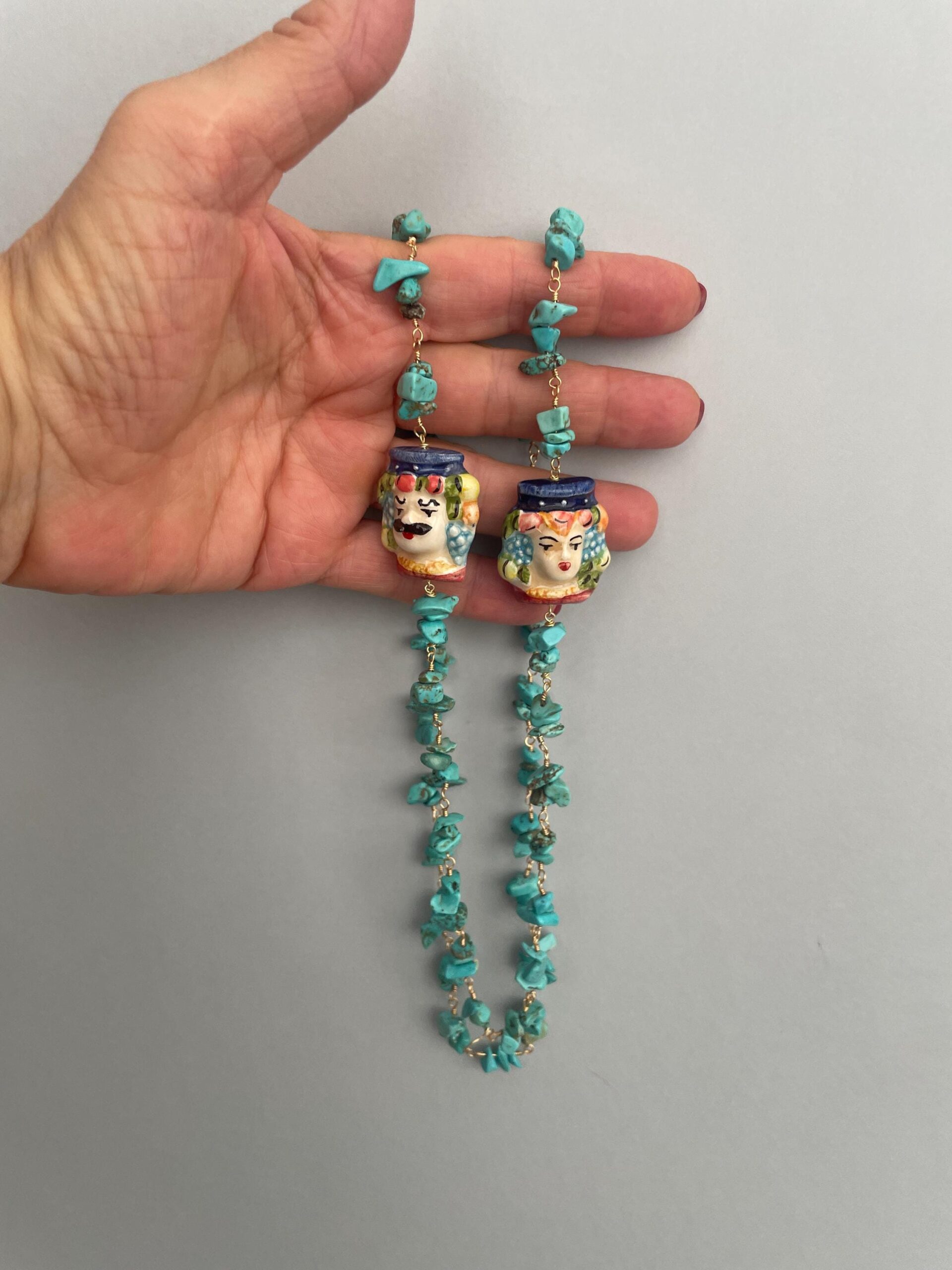 Collana siciliana, collana maxi, catena rosario turchese, Teste di mori di ceramica di Caltagirone, regalo per lei, collana unisex. Collane caratteristiche siciliane