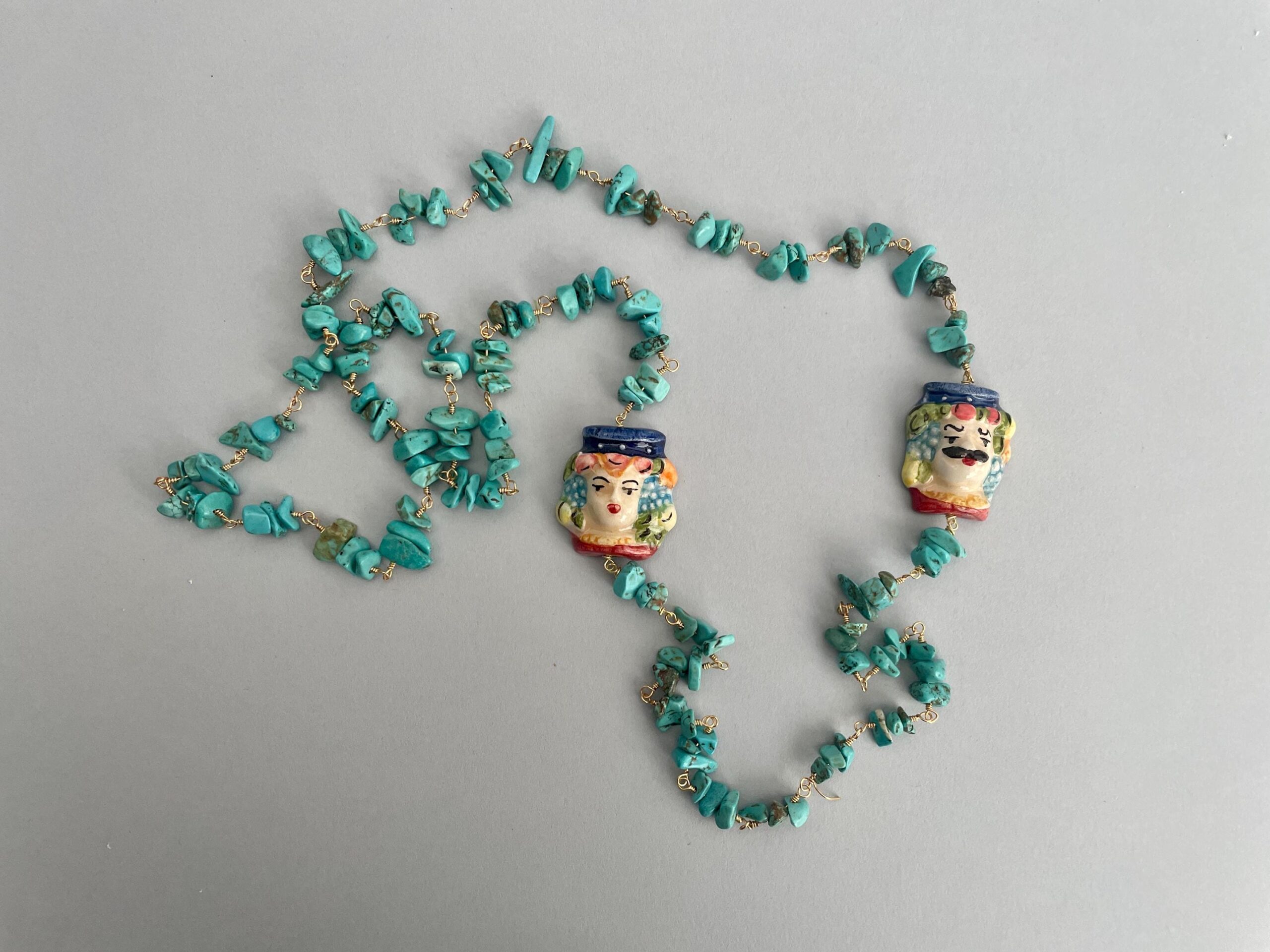 Collana siciliana, collana maxi, catena rosario turchese, Teste di mori di ceramica di Caltagirone, regalo per lei, collana unisex. Collane caratteristiche siciliane