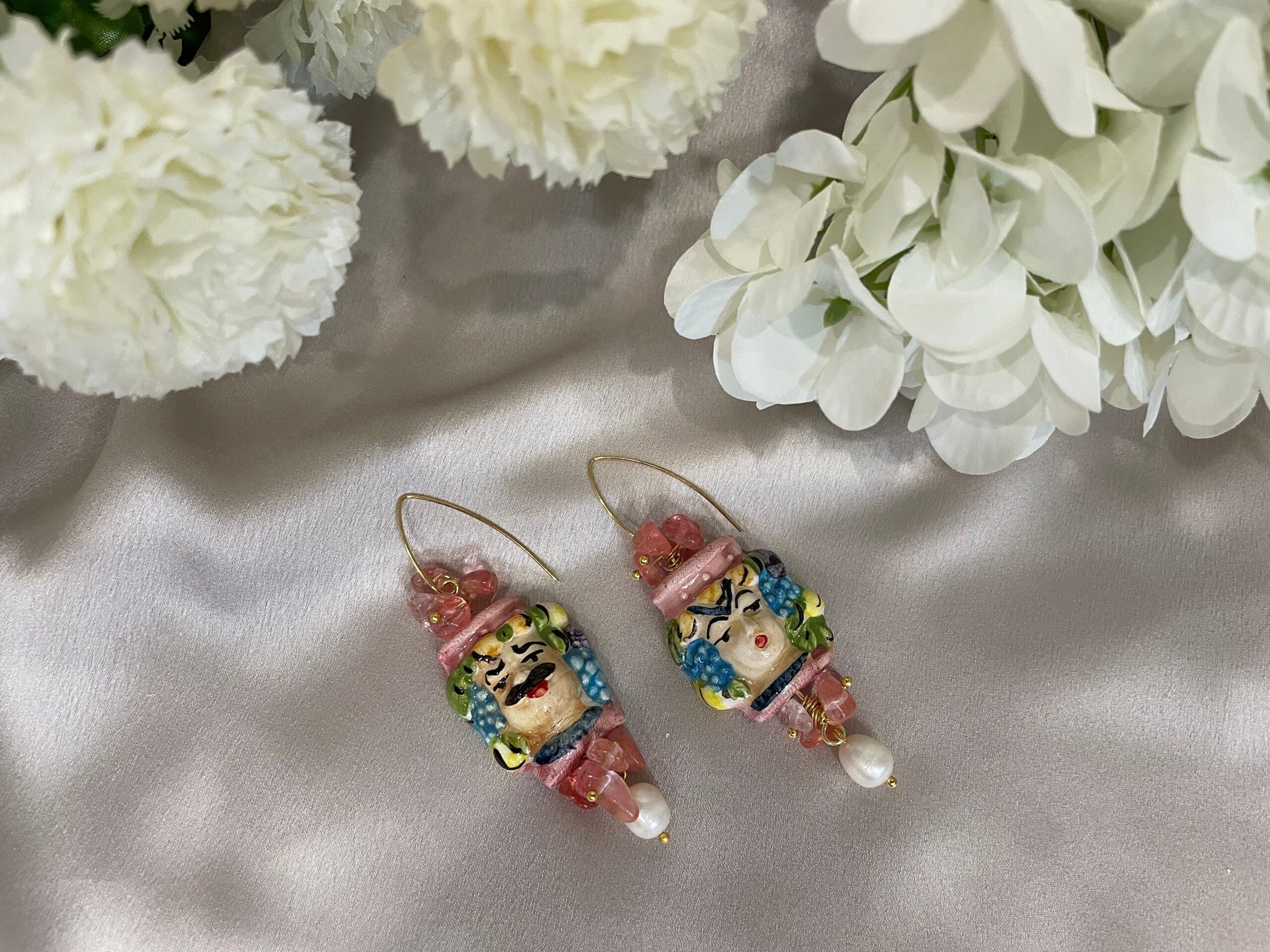 Orecchini siciliani, orecchini teste di moro, gioielli caltagirone, orecchini dipinti a mano, orecchini pendenti, orecchini rosa Orecchini caratteristici siciliani