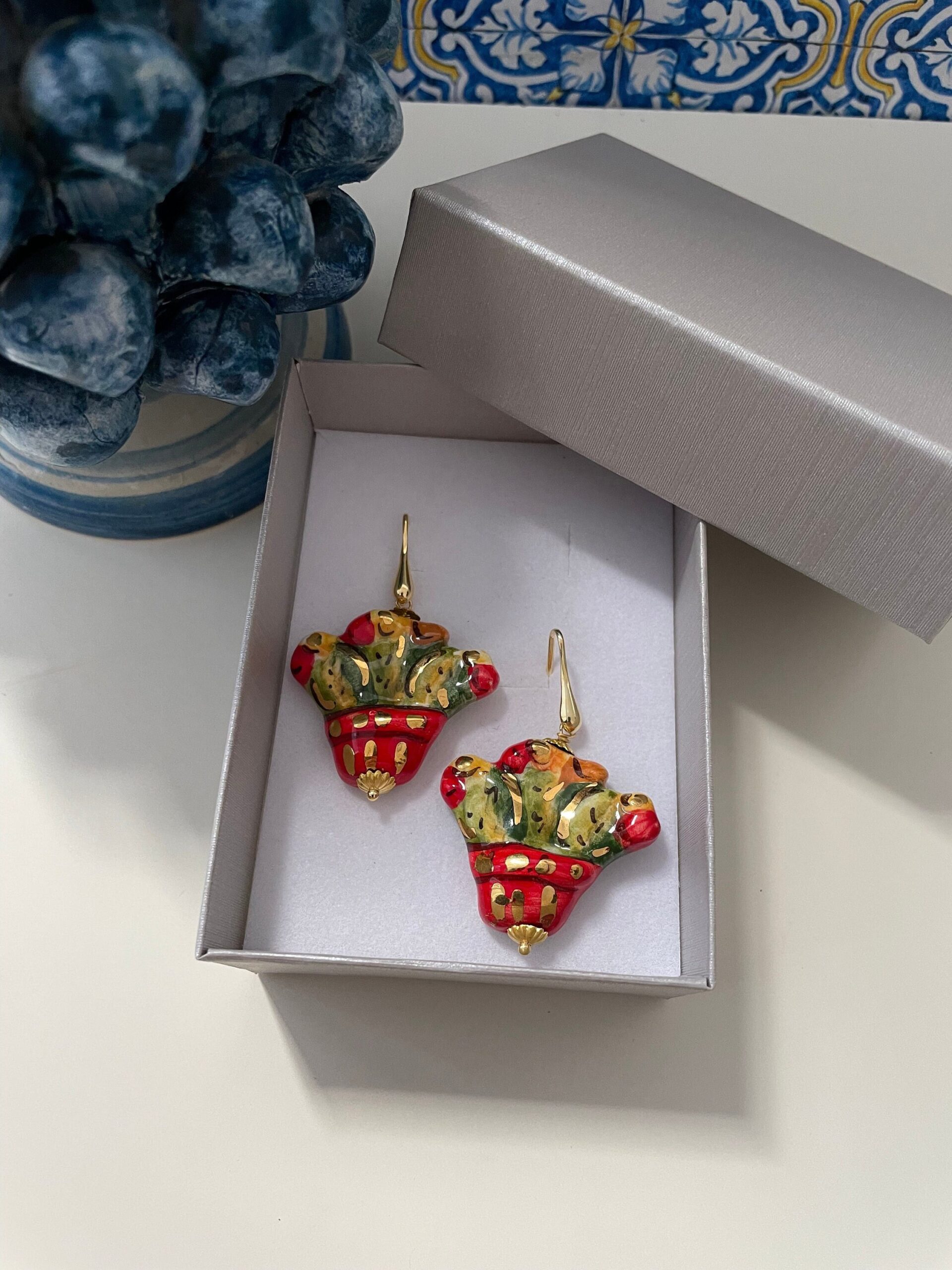 Orecchini argento 925 e pendente in ceramica di Caltagirone regalo per lei. Orecchini caratteristici siciliani