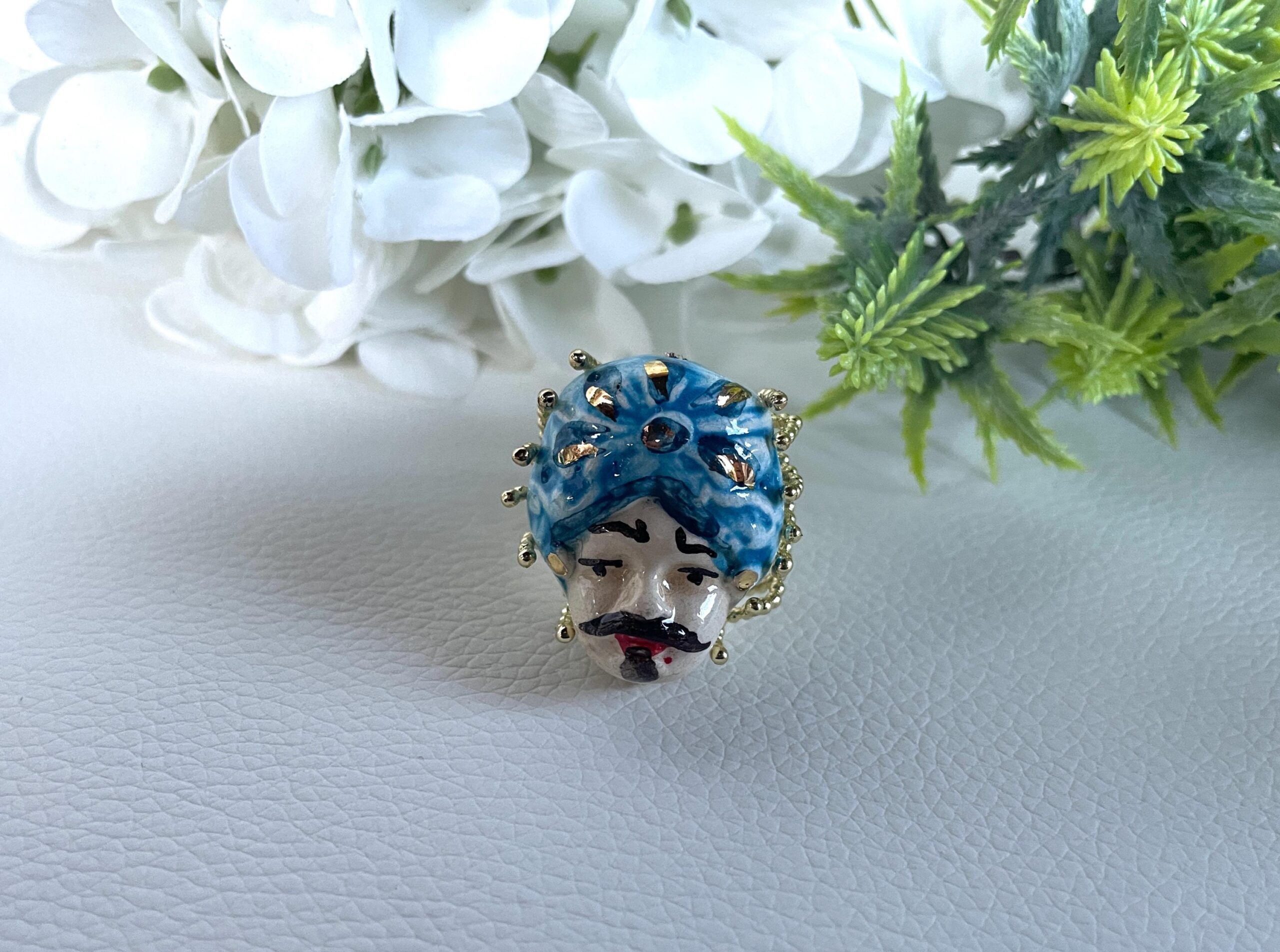 Anello siciliano, anello ceramica di Caltagirone, Testa di moro, anello maxi, anello regolabile, anello ottone e ceramica. Anelli artigianali siciliani
