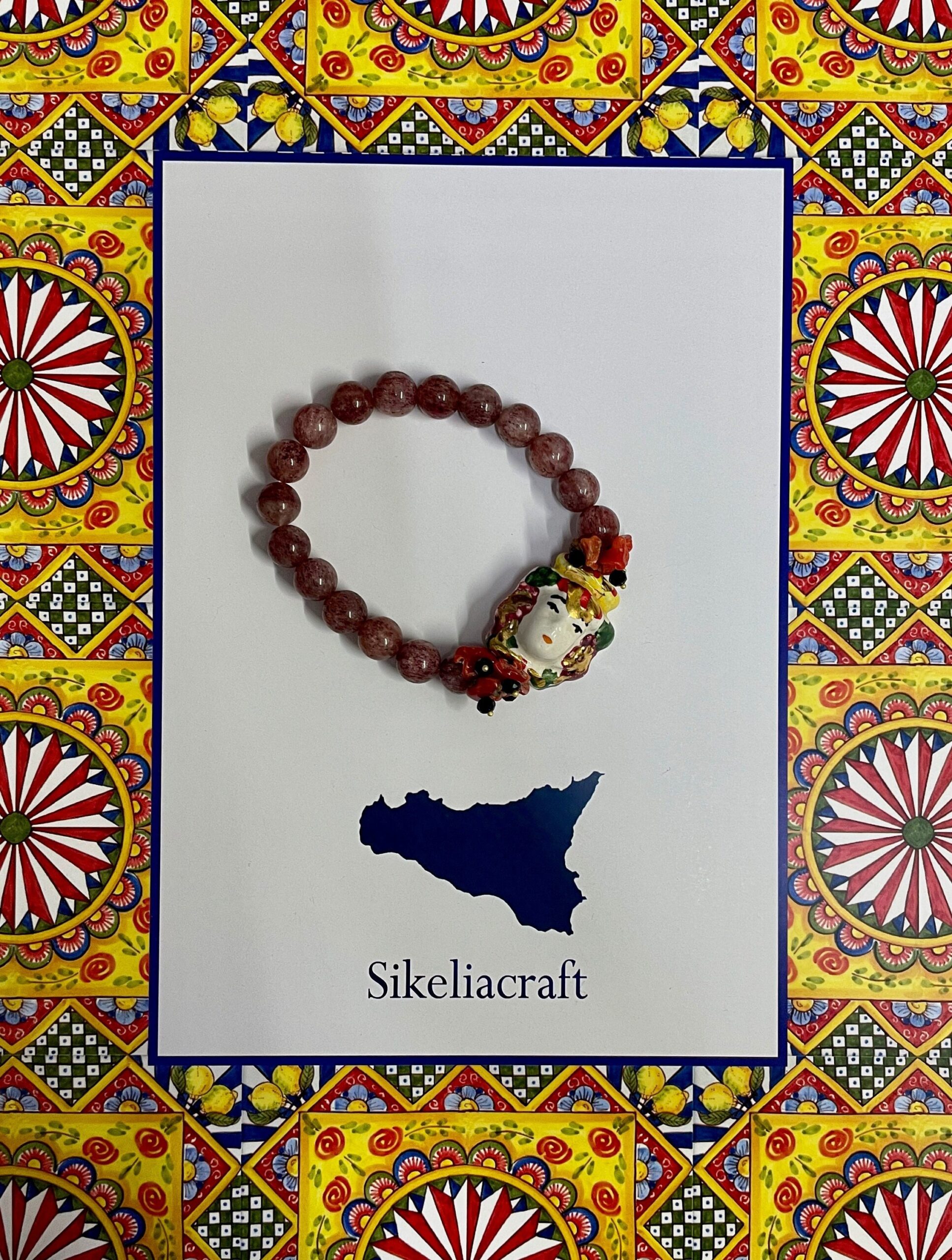 Bracciale Sikelia, Bracciale elastico, perle di agata viola, teste di mori in ceramica di caltagirone. regalo ragazza. Bracciali caratteristici siciliani