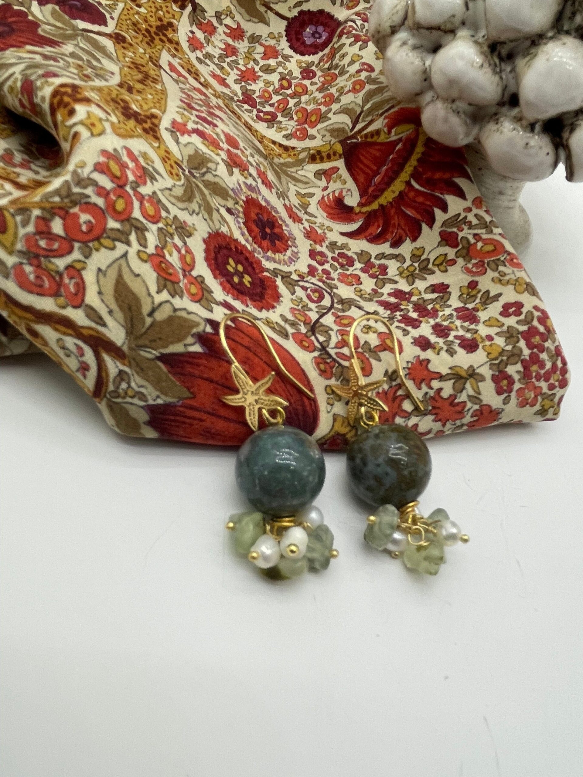 Orecchini argento 925, gancio a stella, perla in lapis crisocolla, avventurina e perle di fiume. regalo per lei. Orecchini pietre dure