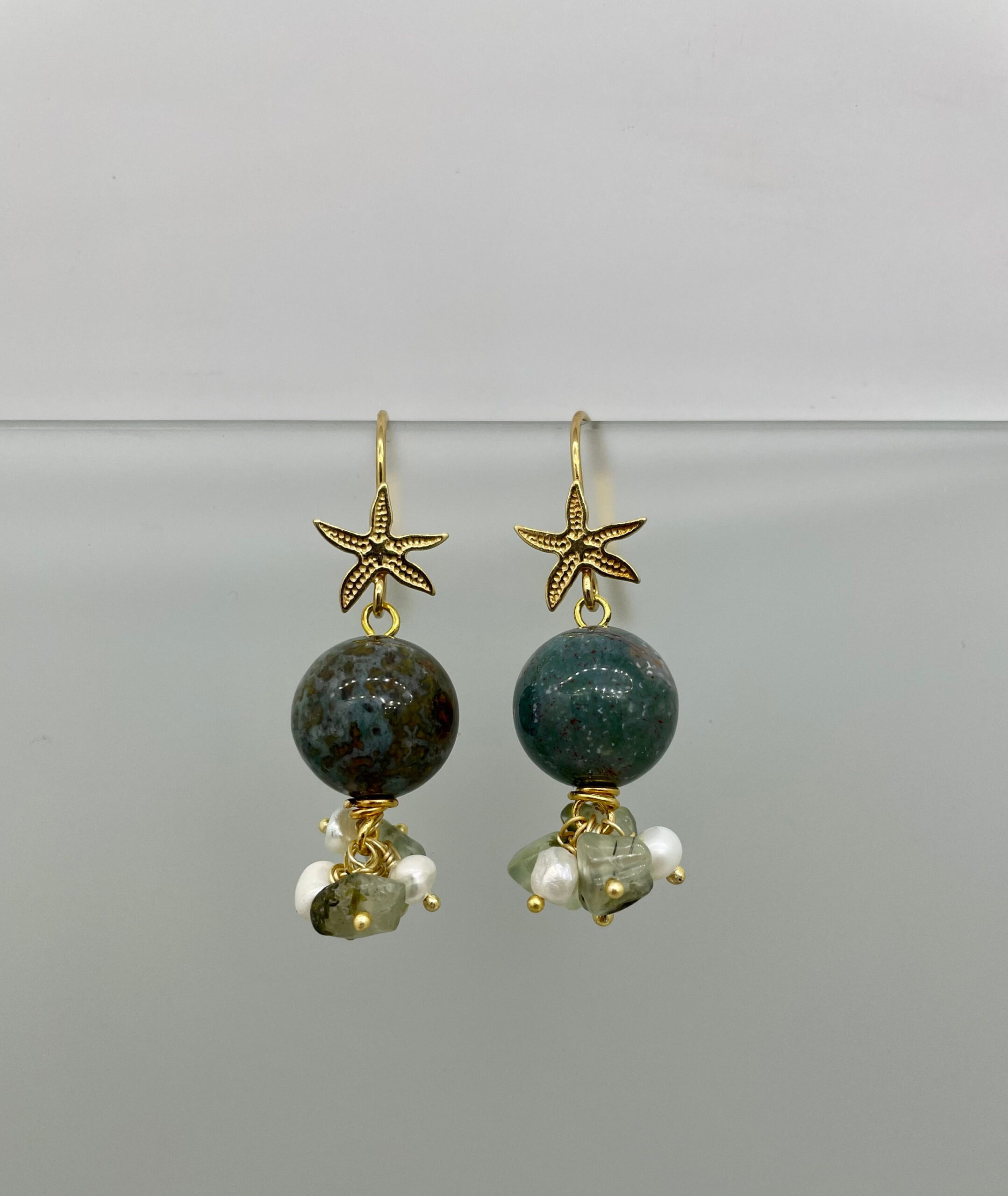 Orecchini argento 925, gancio a stella, perla in lapis crisocolla, avventurina e perle di fiume. regalo per lei. Orecchini pietre dure