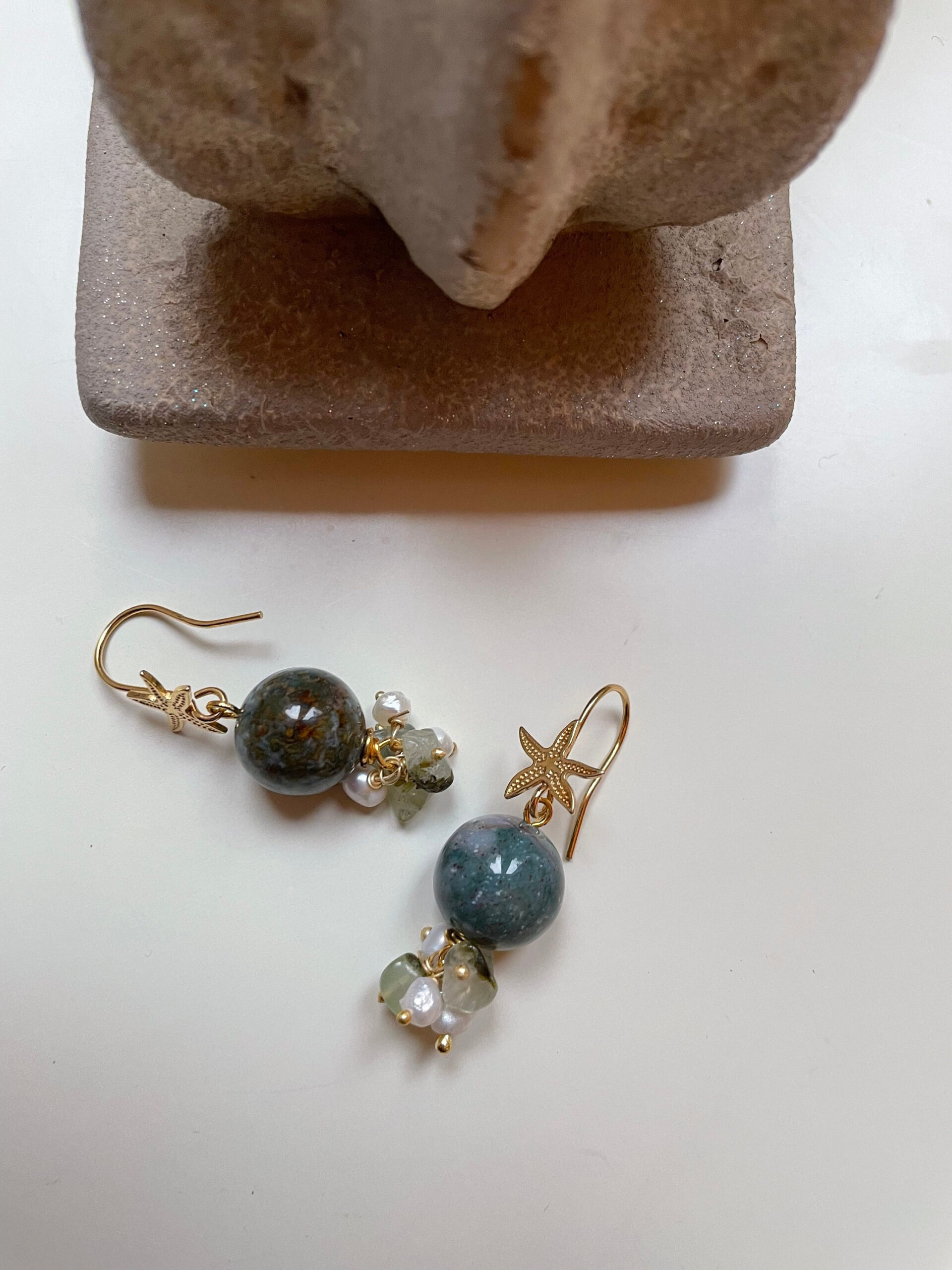 Orecchini argento 925, gancio a stella, perla in lapis crisocolla, avventurina e perle di fiume. regalo per lei. Orecchini pietre dure