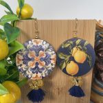 Orecchini siciliani con gancio argento 925, Collezione Limoni, medaglioni di legno double face. Limoni e Agrumi