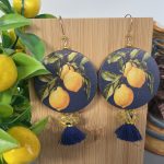 Orecchini siciliani con gancio argento 925, Collezione Limoni, medaglioni di legno double face. Limoni e Agrumi