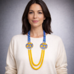 Collana artigianale con medaglioni double-face raffiguranti Limoni e fantasie geometriche, doppio colore giallo e acquamarina. Collane caratteristiche siciliane