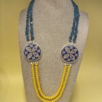 Collana artigianale con medaglioni double-face raffiguranti Limoni e fantasie geometriche, doppio colore giallo e acquamarina. Collane caratteristiche siciliane