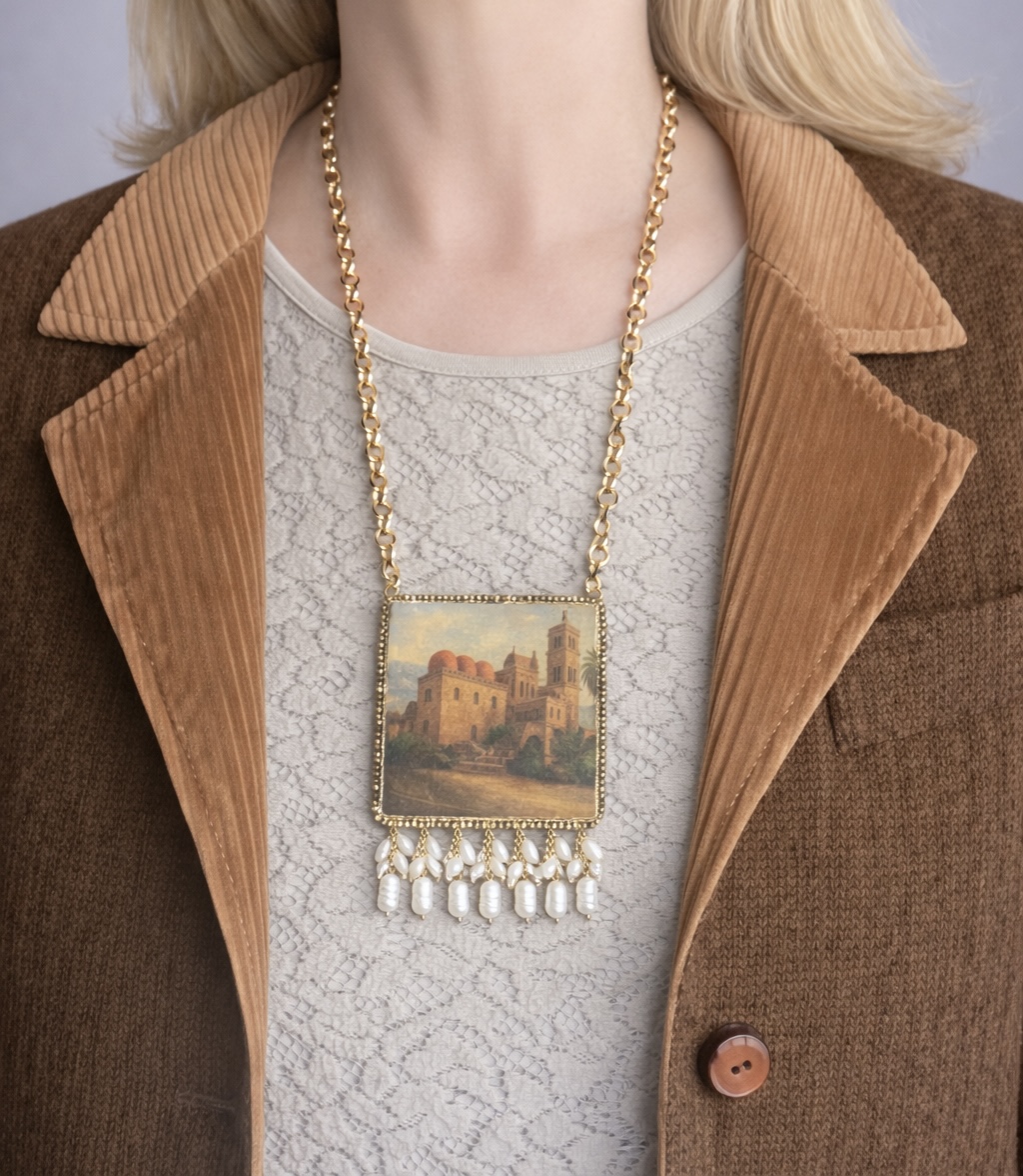Collana siciliana Palermo arabo-normanna – Collana artigianale con ciondolo e perle di fiume Collane caratteristiche siciliane