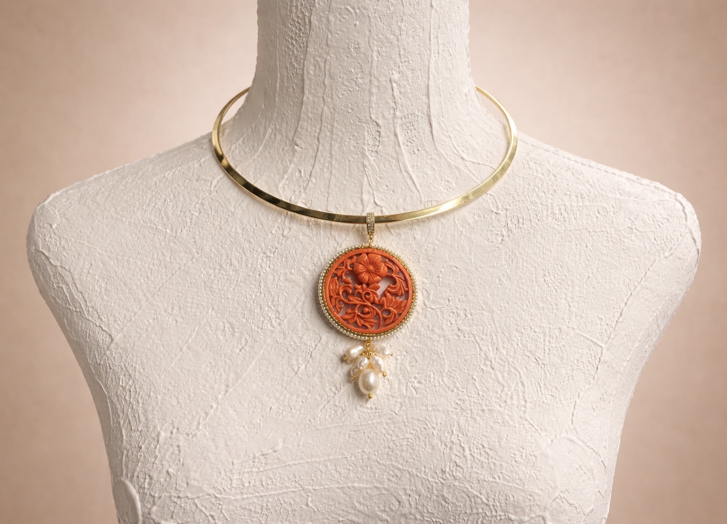 collana con ciondolo arancione e grappolo perle