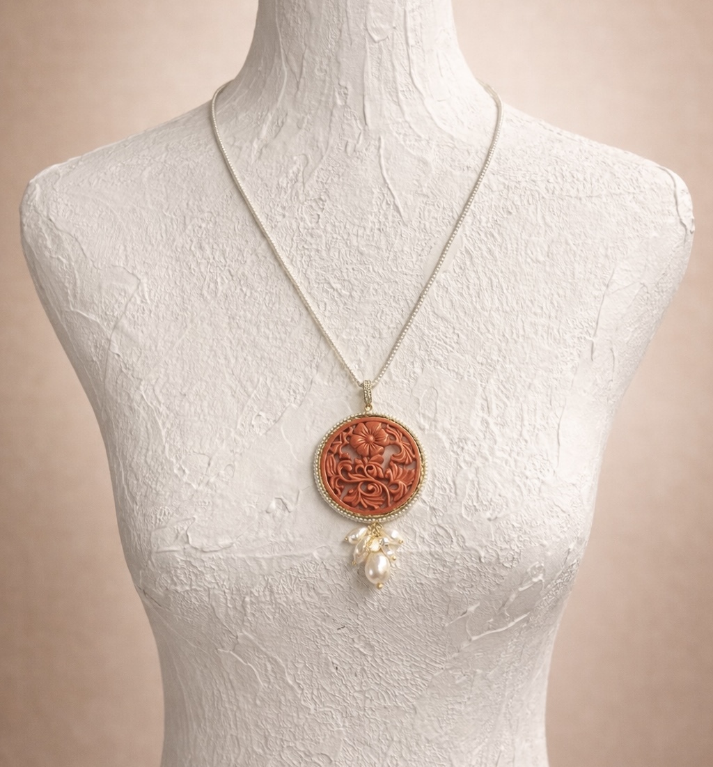 collana con ciondolo corallo e perle