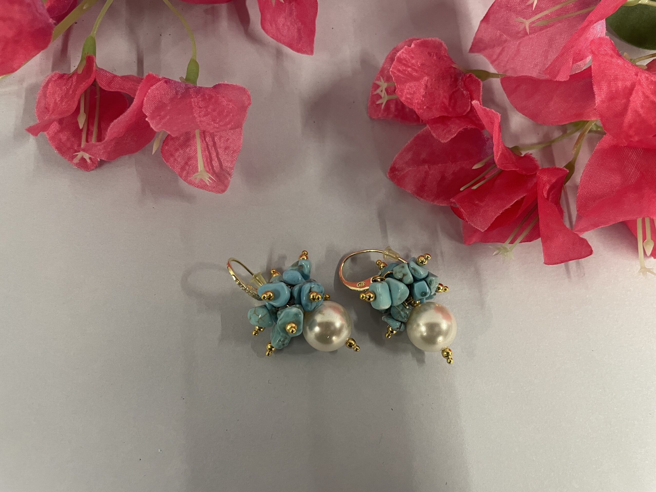 orecchini argento, turchese e perla maiorca