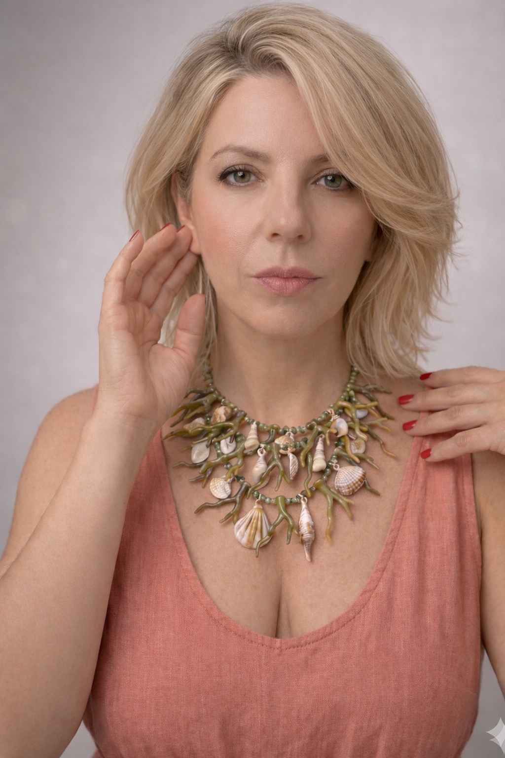 collana verde con conchiglie indossata