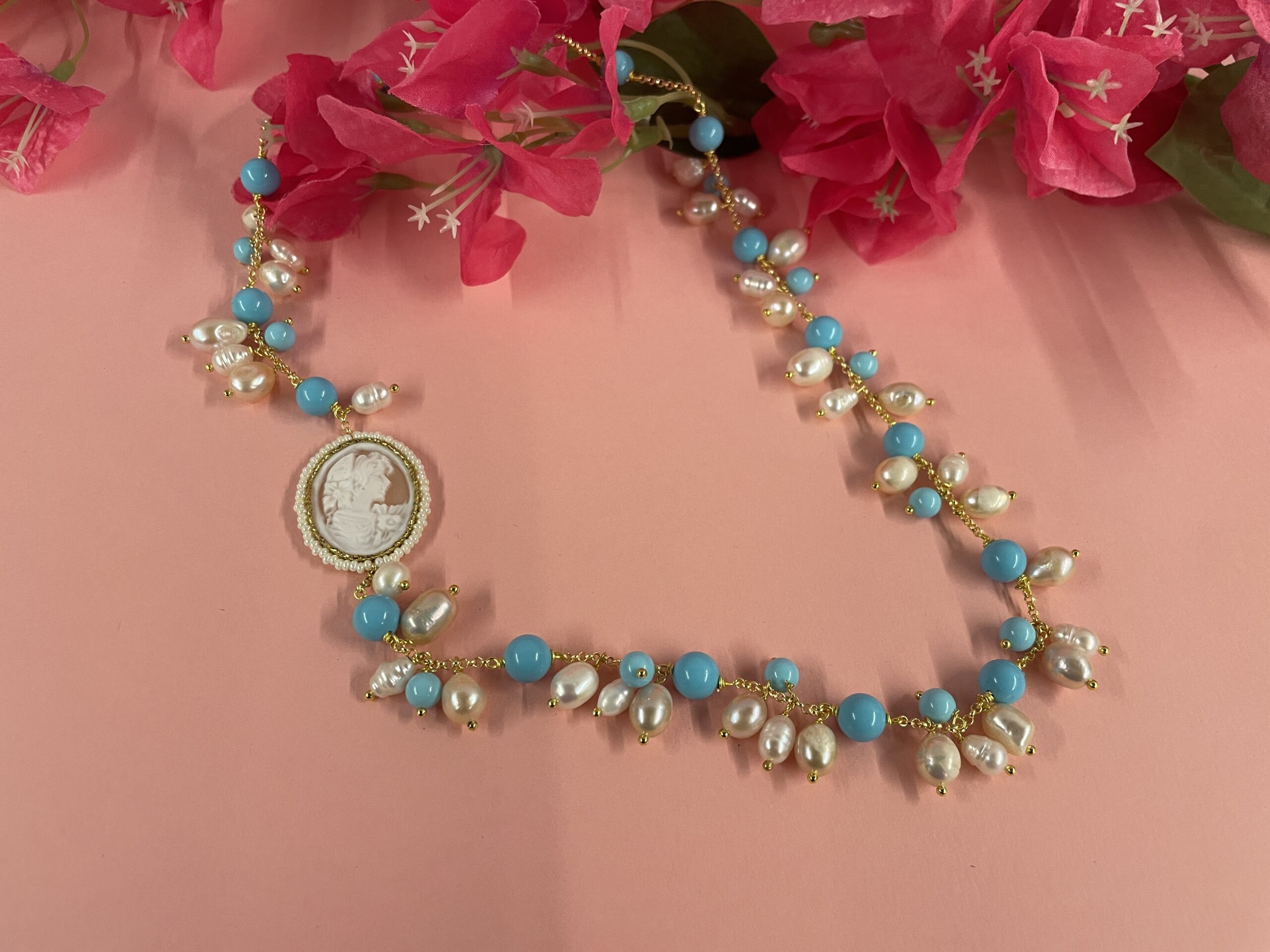 collana artigianale Cammeo, turchese e perle naturali