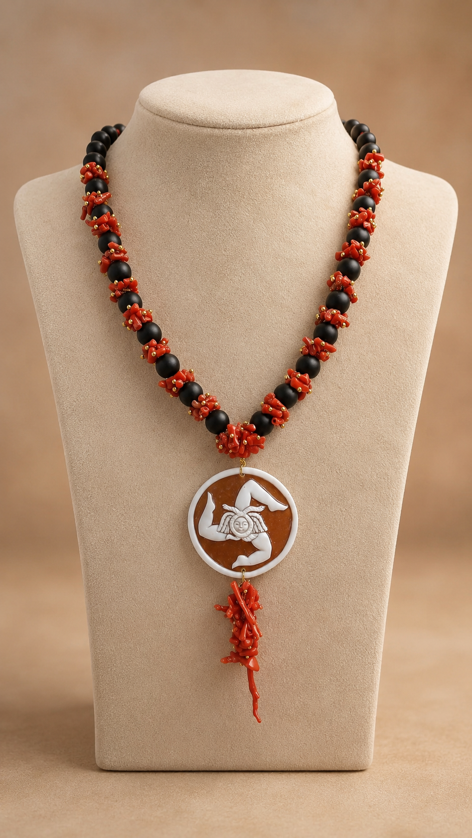 collana lava, corallo e Trinacria